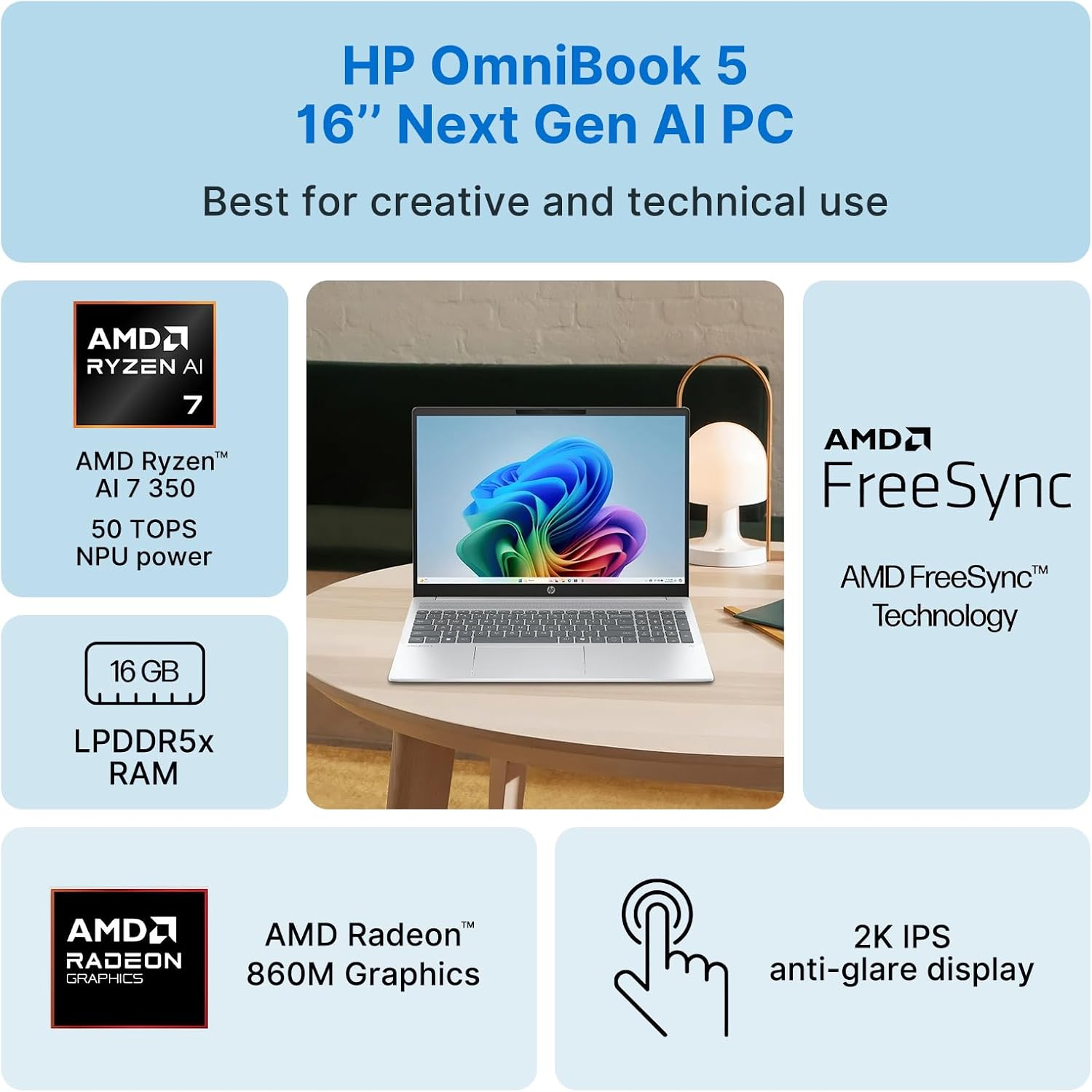 HP OmniBook 5 16" Laptop, AMD Ryzen AI 7 350 (Up to 5GHz), 16GB DDR5 512GB SSD, Radeon 860M Copilot+ Computer-Laptops for Creator Business Gaming College with Win11 WiFi6E Backlit KB GM Accessory