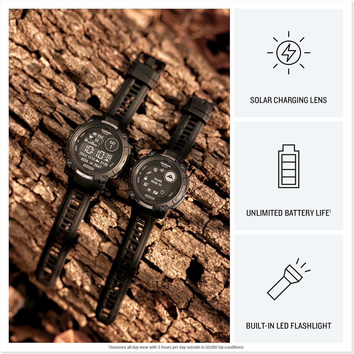 Garmin Instinct 3 Tactical Edition, Solar Charged 50mm Display, Outdoor Rugged GPS Smartwatch Bundle with USB Wall Charger + Microfiber Cleaning Cloth