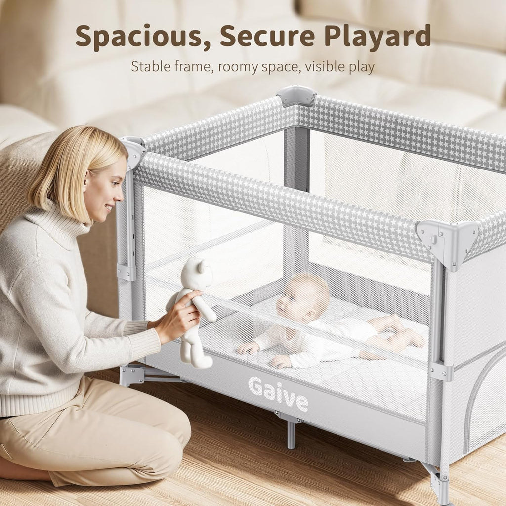 GAIVE 4 in 1 Baby Bassinet, One-Push Setup Pack and Play, Bedside Crib Sleeper with 3 Height Adjustable .Diaper Changer, Come with Comfy Mattress, Rotating Toy Bar, from Infants to Toddlers (Grey)