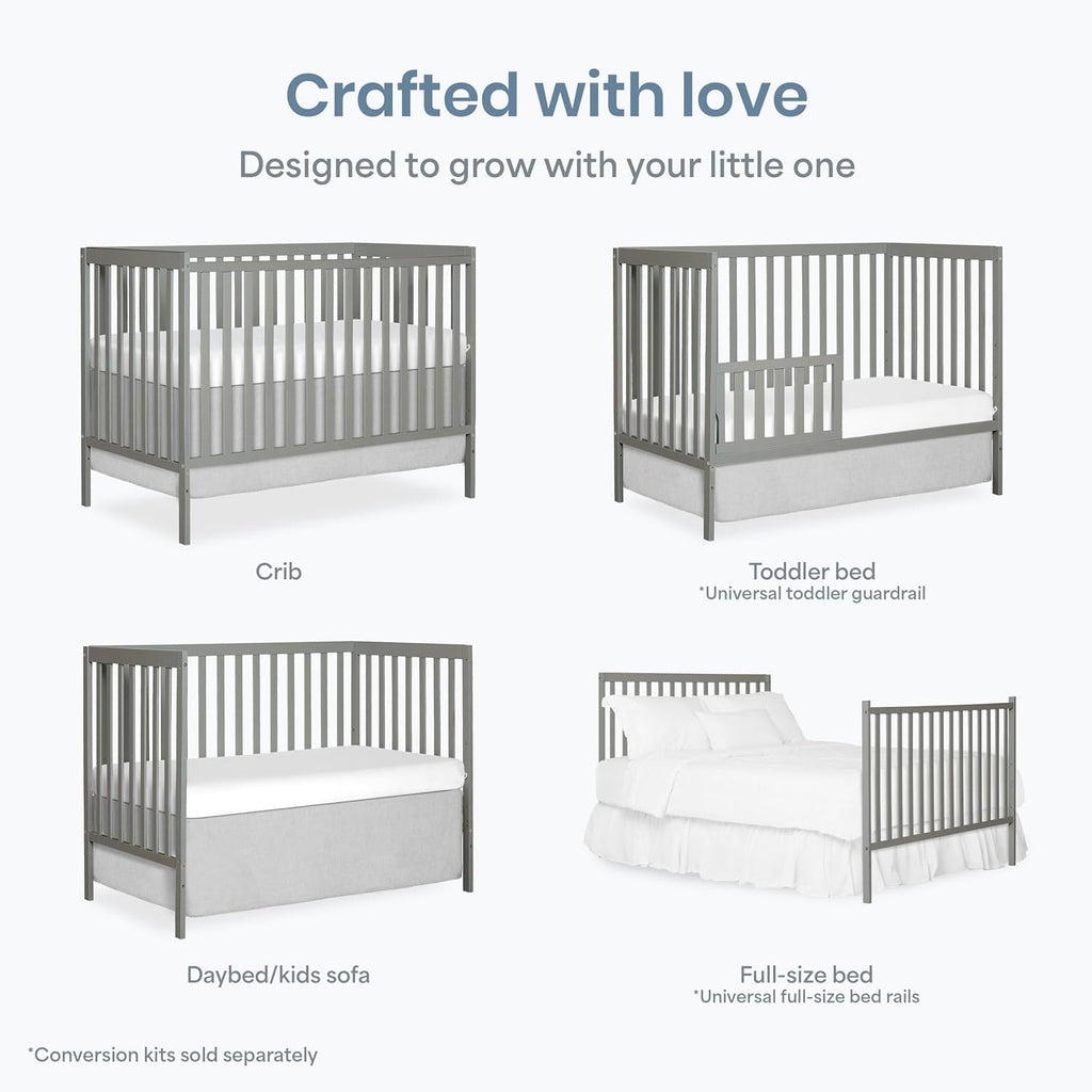 Dream On Me Synergy 5-in-1 Convertible Full-Size Baby Crib with Toddler, Day & Full Bed Conversion in Cool Grey, GreenGuard Gold & BSA, 3 Mattress Heights, Sustainable Pinewood