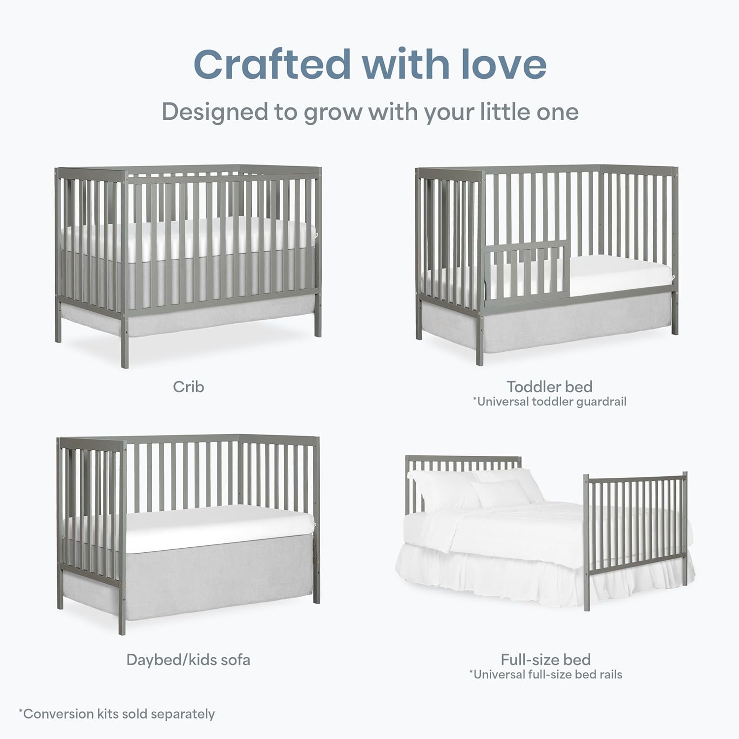 Dream On Me Synergy 5-in-1 Convertible Full-Size Baby Crib with Toddler, Day & Full Bed Conversion in Cool Grey, GreenGuard Gold & BSA, 3 Mattress Heights, Sustainable Pinewood