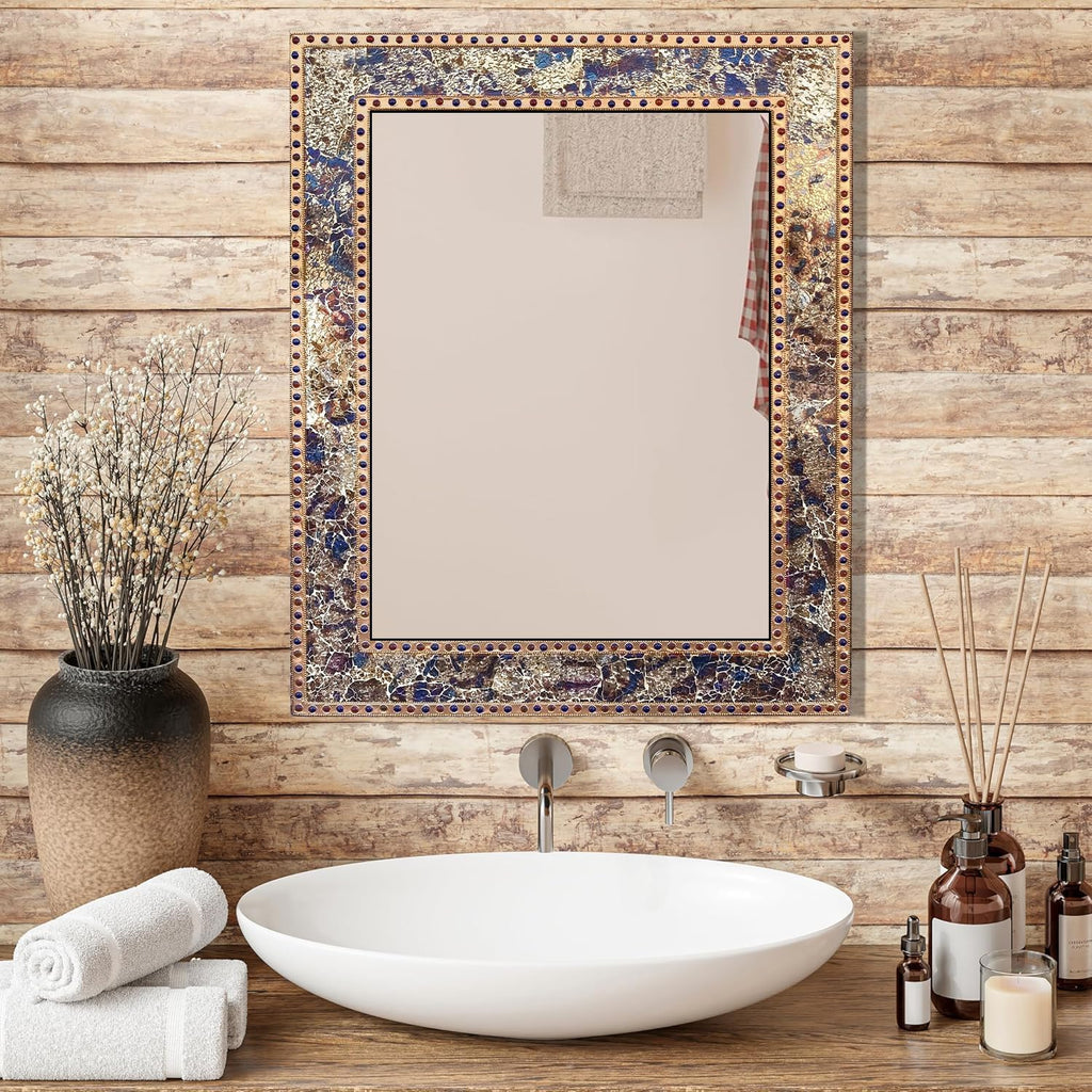 Mosaic 30X24 Crackled Glass Decorative Wall Mirror, Fired Gold