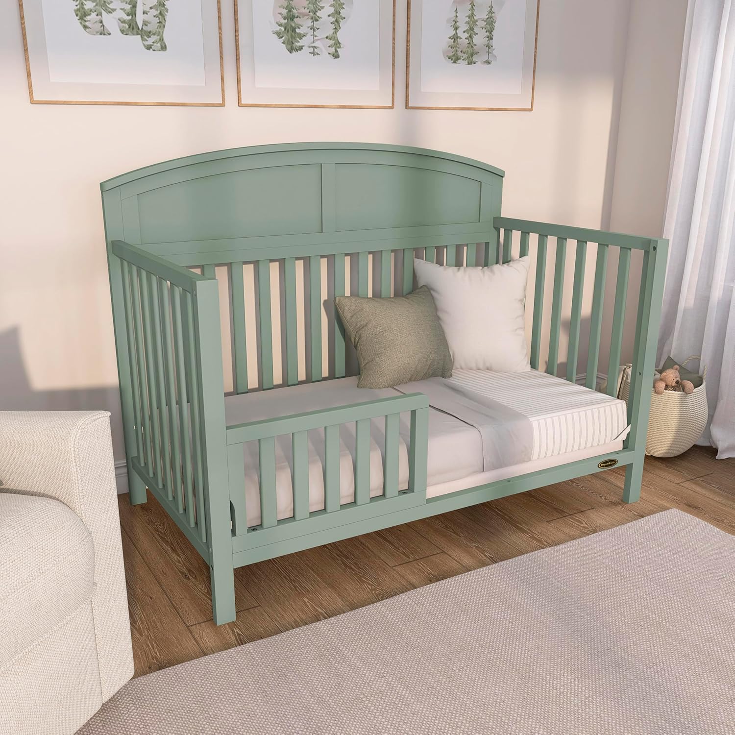 Dream On Me Storybrooke 5-in-1 Convertible Full-Size Baby Crib, GreenGuard Gold & BSA Certified, Convert to Toddler, Day & Full-Size Bed Sustainable Pinewood, 3 Mattress Height Settings - Meadow Green