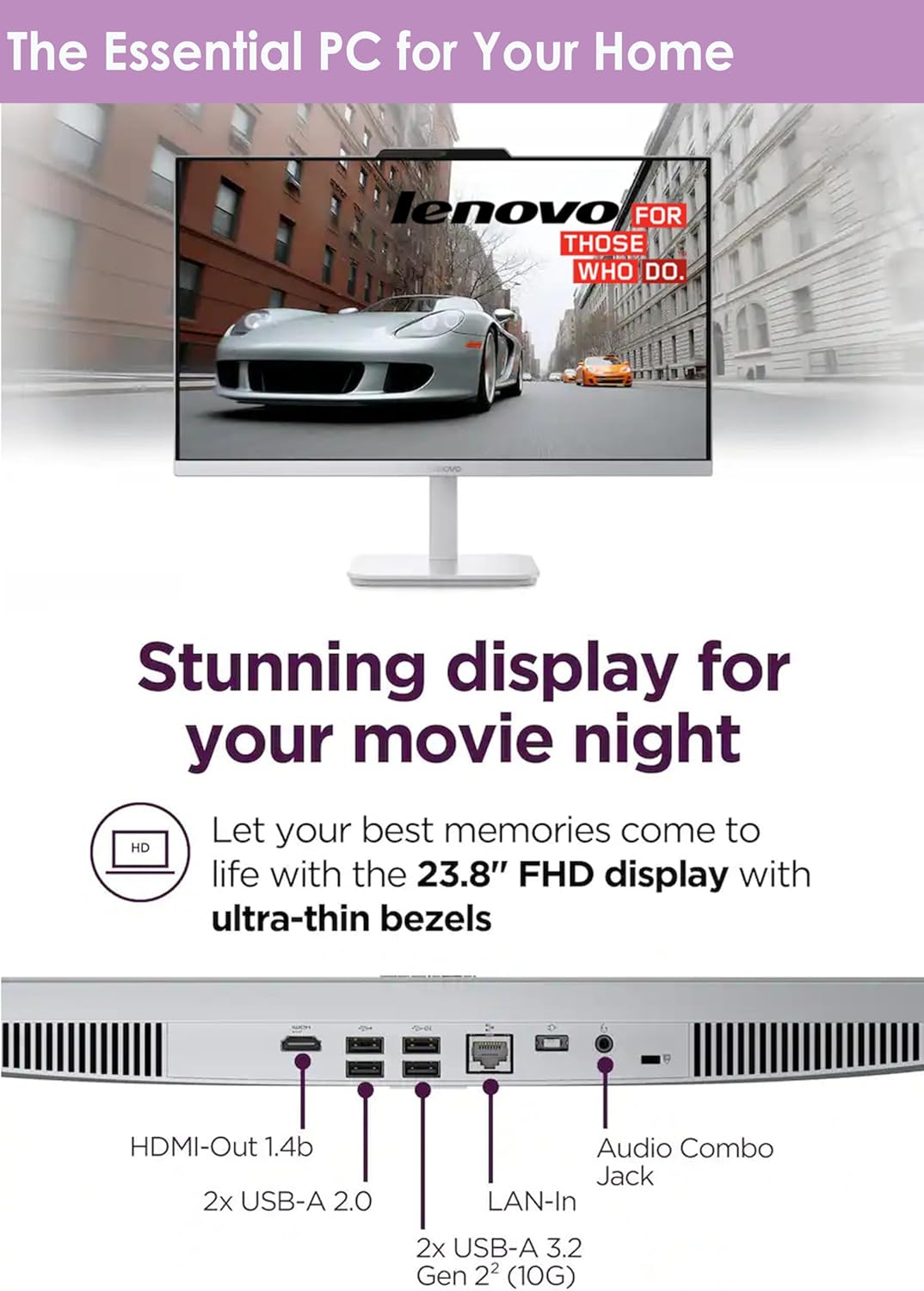 Lenovo All in One Desktop, Intel Ultra-Fast 4-Core CPU| 24'' FHD Display| 16GB RAM, 256GB PCIe SSD On Board Plus 512GB HDD External | Wi-Fi 6| Bluetooth| RJ-45| Windows 11 | HDMI | Wireless KB & Mouse