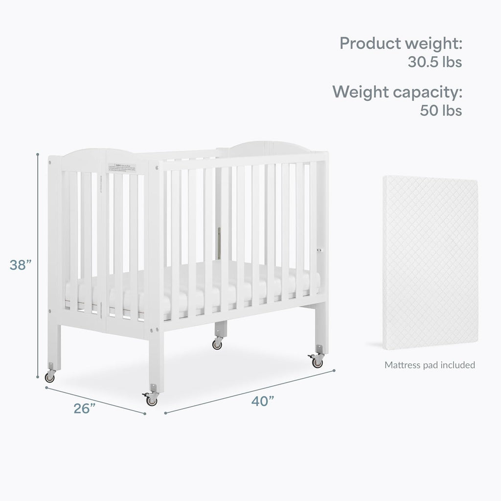 Dream On Me 2-in-1 Portable Mini Crib, Non-Full Size Baby Crib for Small Spaces, 2 Mattress Heights, Compact Travel Design, Includes Mattress, GREENGUARD Gold & BSA Certified, White