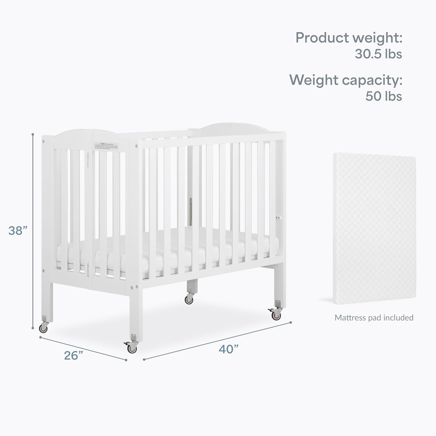 Dream On Me 2-in-1 Portable Mini Crib, Non-Full Size Baby Crib for Small Spaces, 2 Mattress Heights, Compact Travel Design, Includes Mattress, GREENGUARD Gold & BSA Certified, White