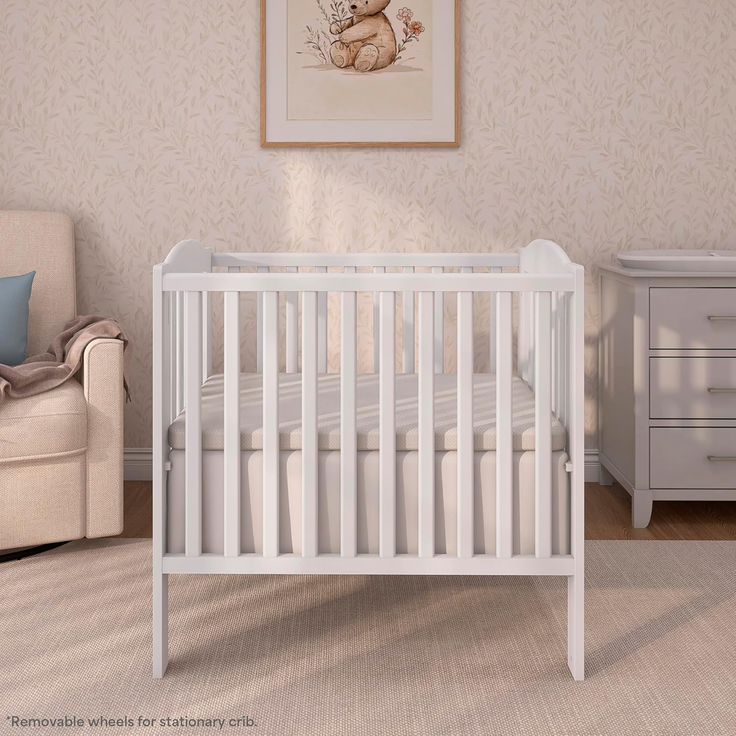 Dream On Me 2-in-1 Portable Mini Crib, Non-Full Size Baby Crib for Small Spaces, 2 Mattress Heights, Compact Travel Design, Includes Mattress, GREENGUARD Gold & BSA Certified, White