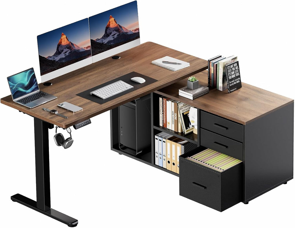 HUANUO 55 Inch L Shaped Standing Desk with Drawers, Electric Executive Desk with File Cabinet Sets, Adjustable Height Stand Up Desk, Home Office Computer Desk with 4 Memory Presets, Walnut