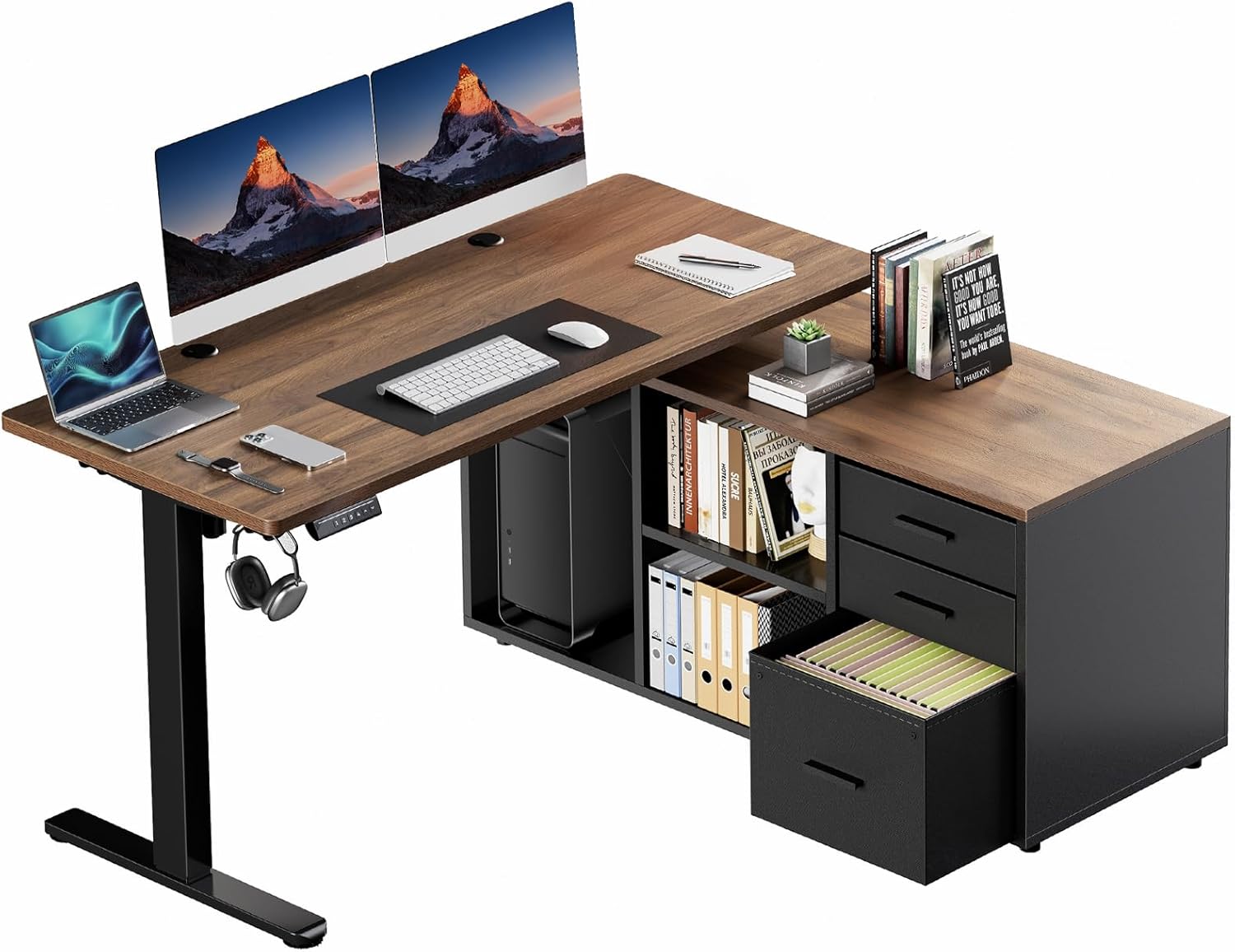 HUANUO 55 Inch L Shaped Standing Desk with Drawers, Electric Executive Desk with File Cabinet Sets, Adjustable Height Stand Up Desk, Home Office Computer Desk with 4 Memory Presets, Walnut