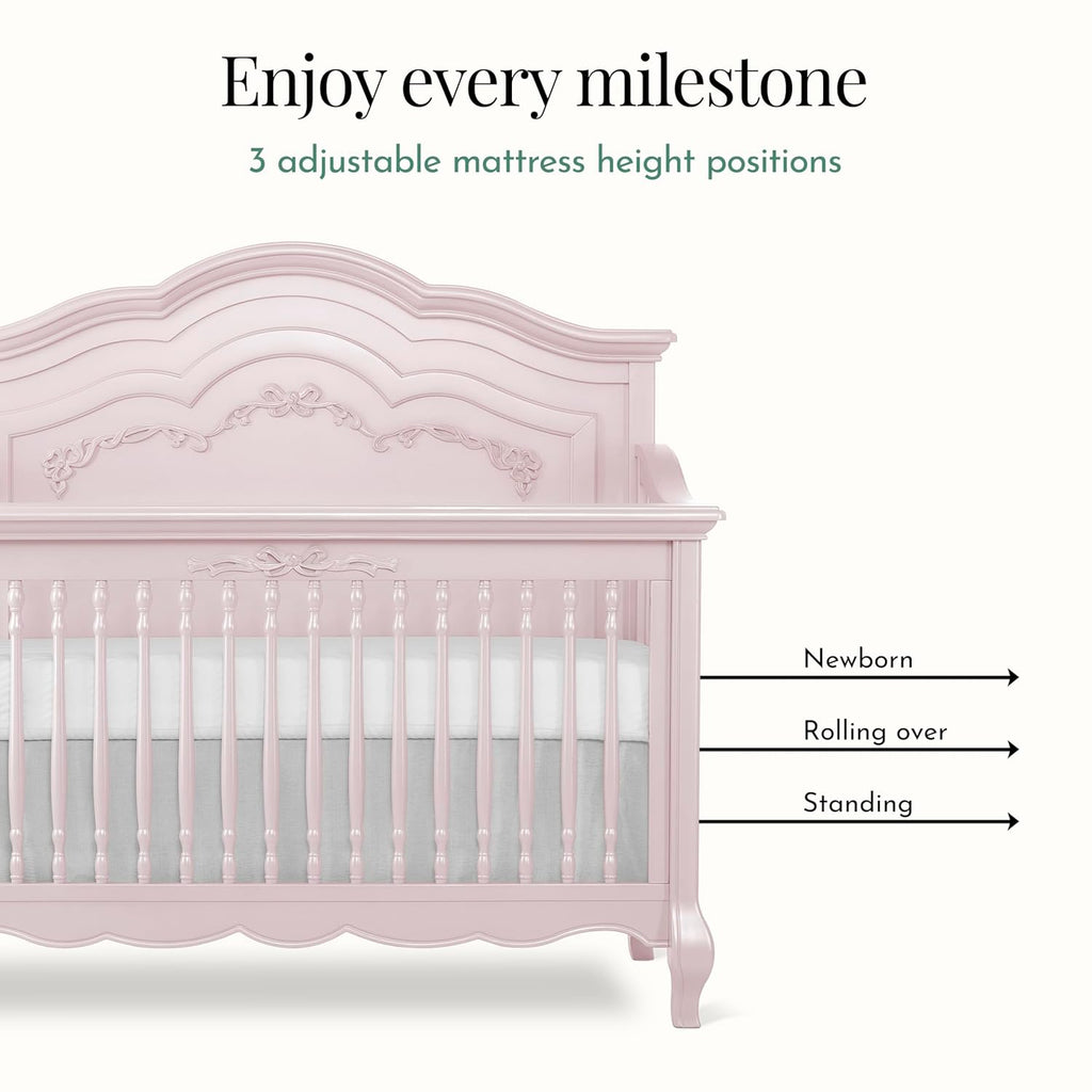 Evolur Aurora 5-in-1 Convertible Full-Size Baby Crib in Dusty Rose, 3 Mattress Heights, Ribbon Bow Scrollwork & Queen Anne Feet, Converts to Toddler, Day & Full-Size Bed