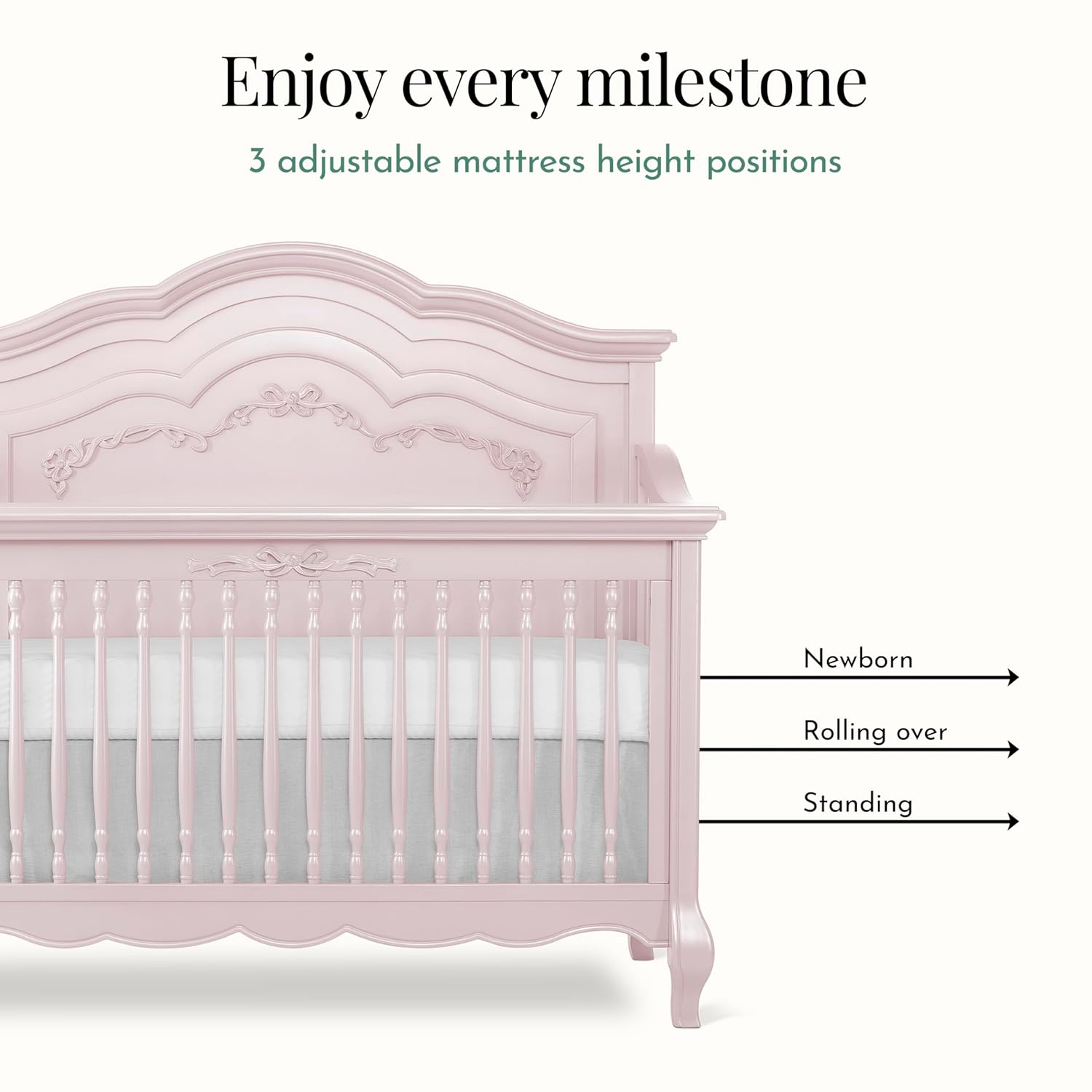Evolur Aurora 5-in-1 Convertible Full-Size Baby Crib in Dusty Rose, 3 Mattress Heights, Ribbon Bow Scrollwork & Queen Anne Feet, Converts to Toddler, Day & Full-Size Bed