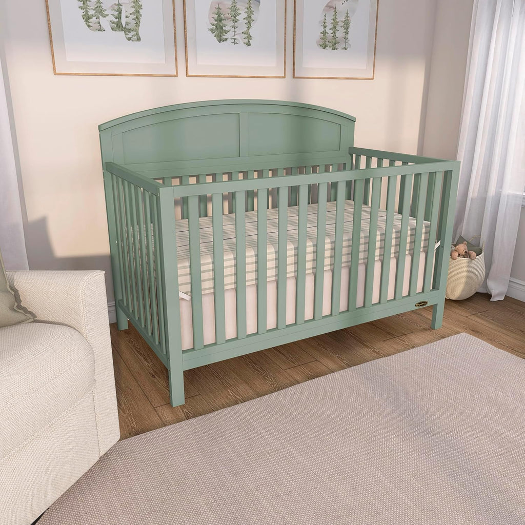 Dream On Me Storybrooke 5-in-1 Convertible Full-Size Baby Crib, GreenGuard Gold & BSA Certified, Convert to Toddler, Day & Full-Size Bed Sustainable Pinewood, 3 Mattress Height Settings - Meadow Green