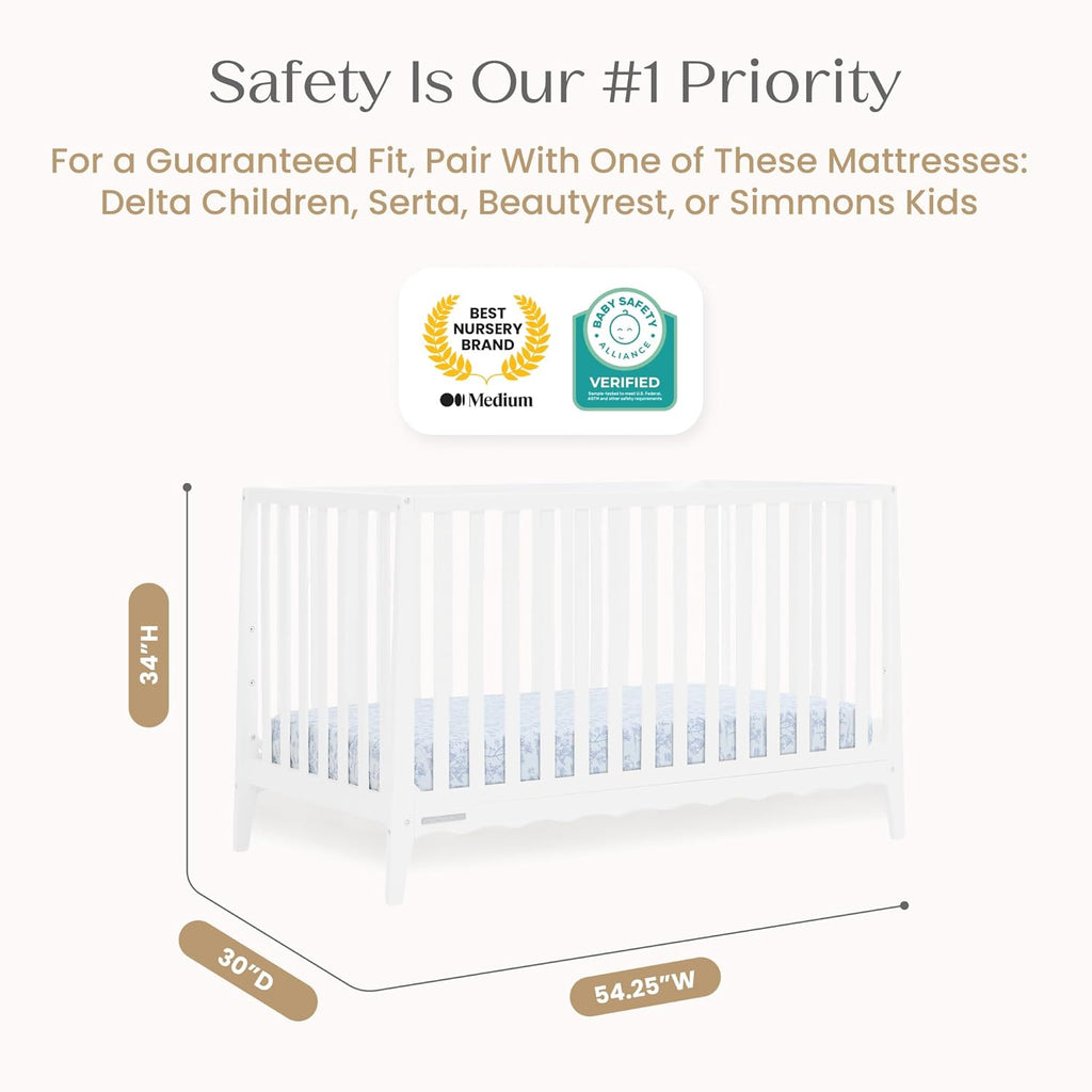 Delta Children Lulu 5-in-1 Convertible Crib, Converts to Toddler Bed, Daybed, Sofa & Full-Size Bed, Natural Wood, Fits Standard Crib Mattress, 3 Mattress Heights for Baby Nursery, Bianca White