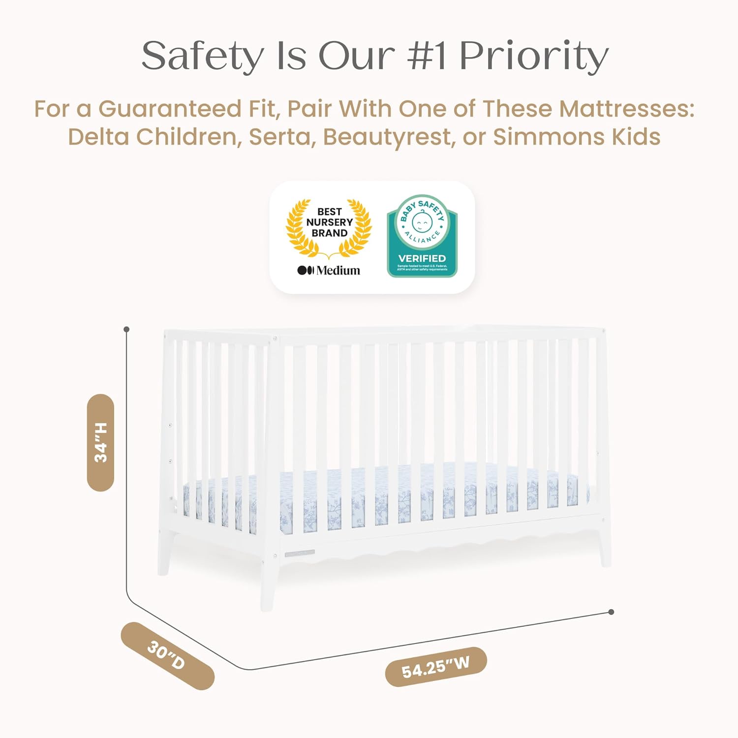 Delta Children Lulu 5-in-1 Convertible Crib, Converts to Toddler Bed, Daybed, Sofa & Full-Size Bed, Natural Wood, Fits Standard Crib Mattress, 3 Mattress Heights for Baby Nursery, Bianca White