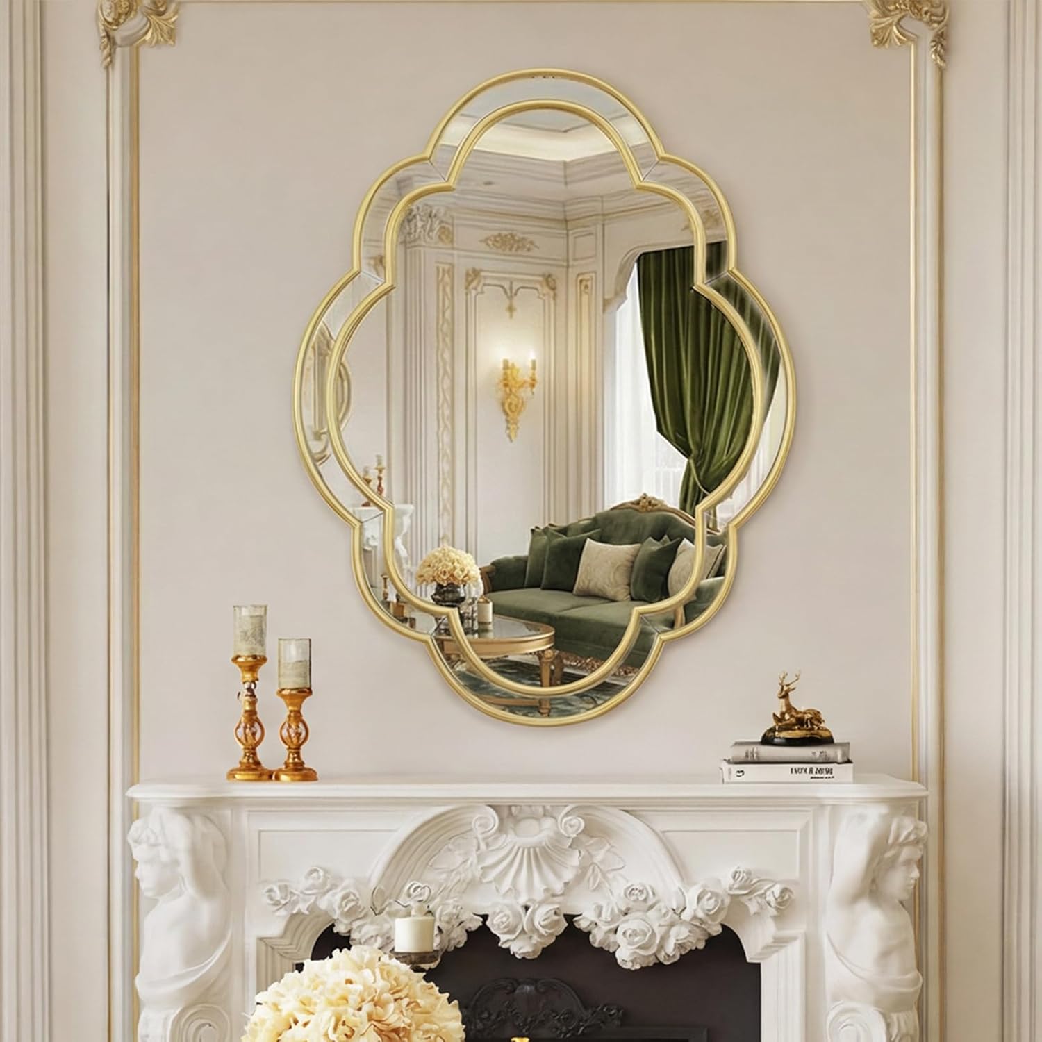 CozyDH Gold Scalloped Wall Mirror Decor - 32"x24" Decorative Wavy Mirror Large, Decorative Wall Art for Bathroom Entryway Fireplace Living Room Bedroom Hallway