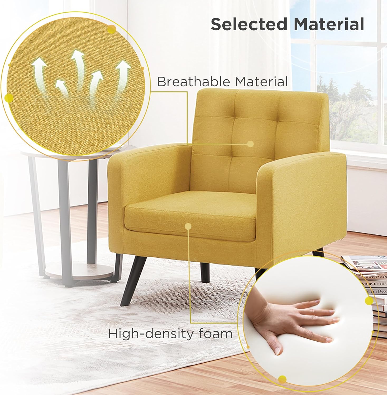 Yaheetech Mid-Century Accent Chairs, Modern Upholstered Living Room Chair, Cozy Armchair Button Tufted Back and Wood Legs for Bedroom/Office/Cafe, Set of 2, Yellow