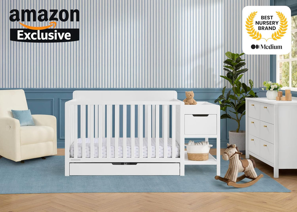 Delta Children Maya 5-in-1 Convertible Crib and Changer with Storage, Converts to Toddler Bed, Daybed, Sofa & Full Bed, Fits Standard Crib Mattress, 3 Mattress Heights for Baby Nursery, Bianca White