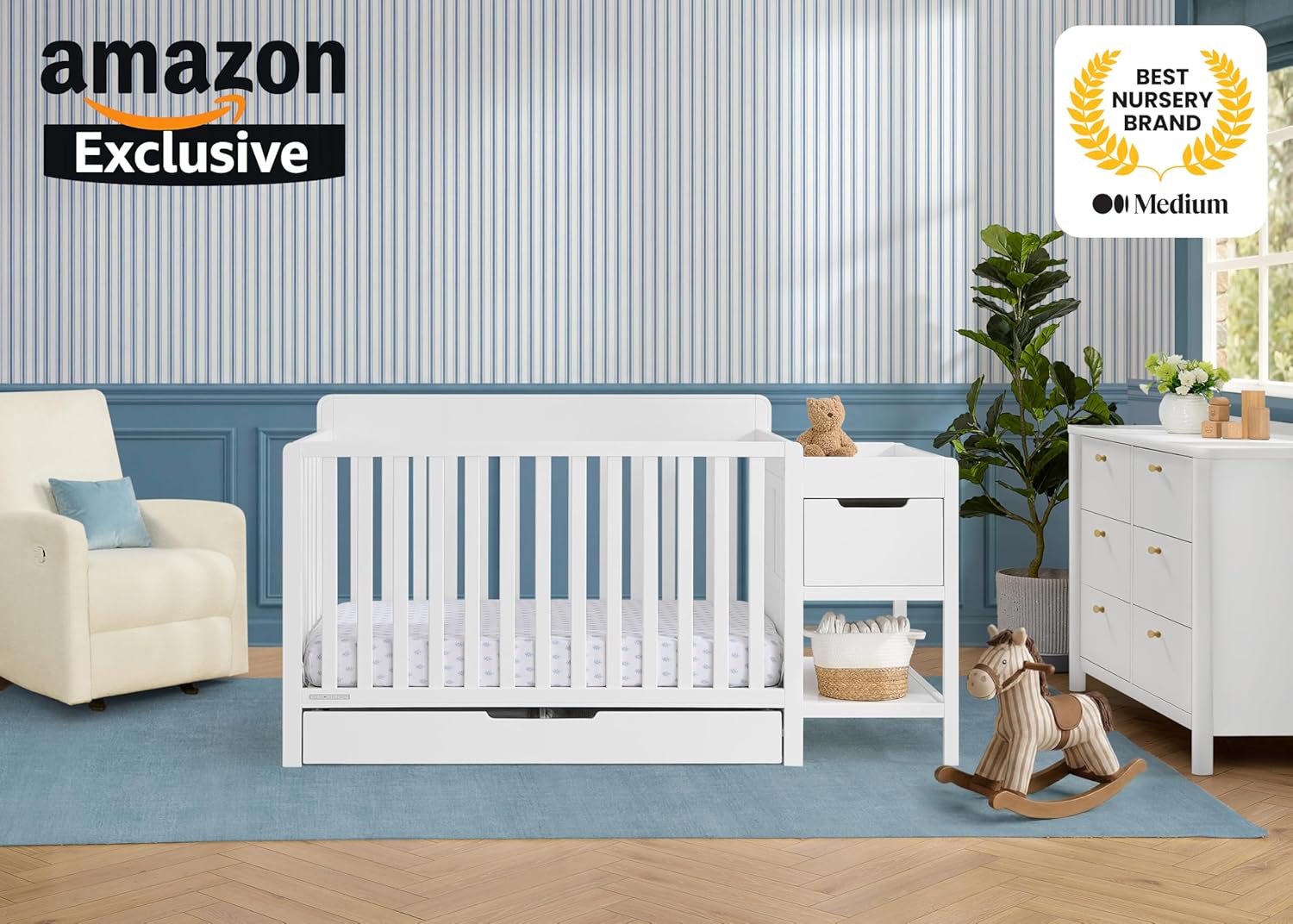 Delta Children Maya 5-in-1 Convertible Crib and Changer with Storage, Converts to Toddler Bed, Daybed, Sofa & Full Bed, Fits Standard Crib Mattress, 3 Mattress Heights for Baby Nursery, Bianca White