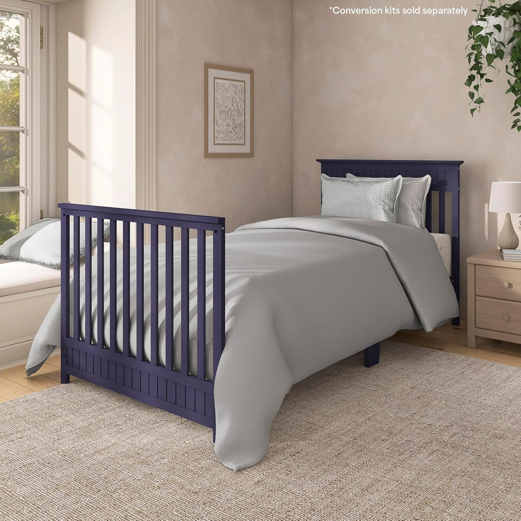 Dream On Me Harbor 4‑in‑1 Convertible Mini Baby Crib in Navy, GreenGuard Gold & BSA, Non-Toxic, Pinewood, Converts to Mini Daybed & Twin Bed, 1″ Mattress Pad, Perfect for Small Nurseries