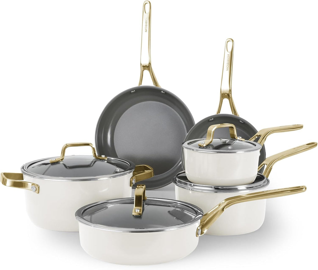 Ceramic Nonstick 10pc Cookware Pots and Pans Set,PFAS & PFOA Free, Dishwasher &Oven Safe, All Stovetop Compatible（electric,gas,induction), Tempered Glass Lids, Stay-Cool Handles for even heat.