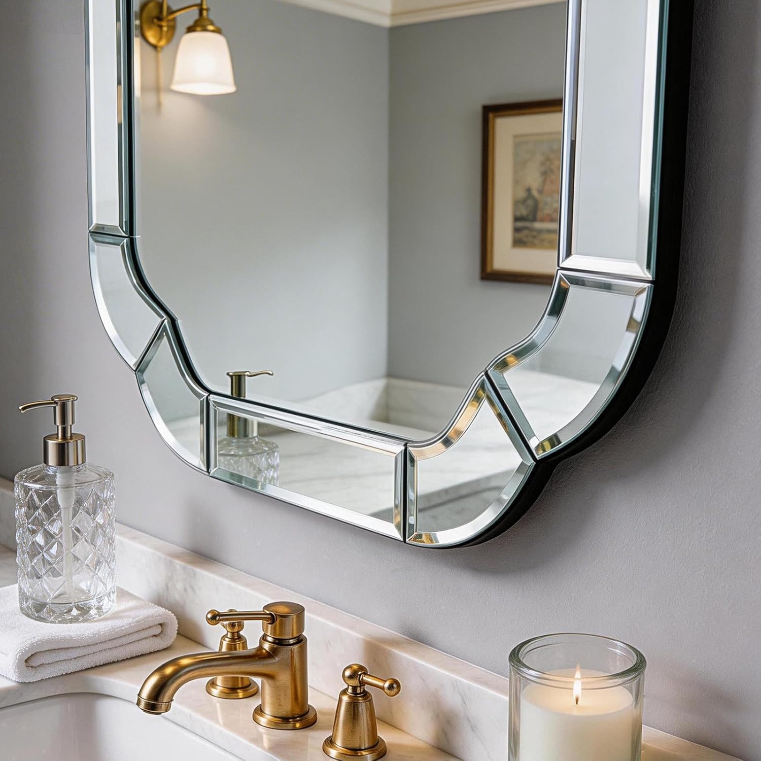 39.4" x 27.6" Wall Mounted Living Room Mirrors for Wall, Scalloped Arched Wall Mirror Decorative with Beveled Wavy Rounded Corner for Bathroom, Dining Room, Entry Way