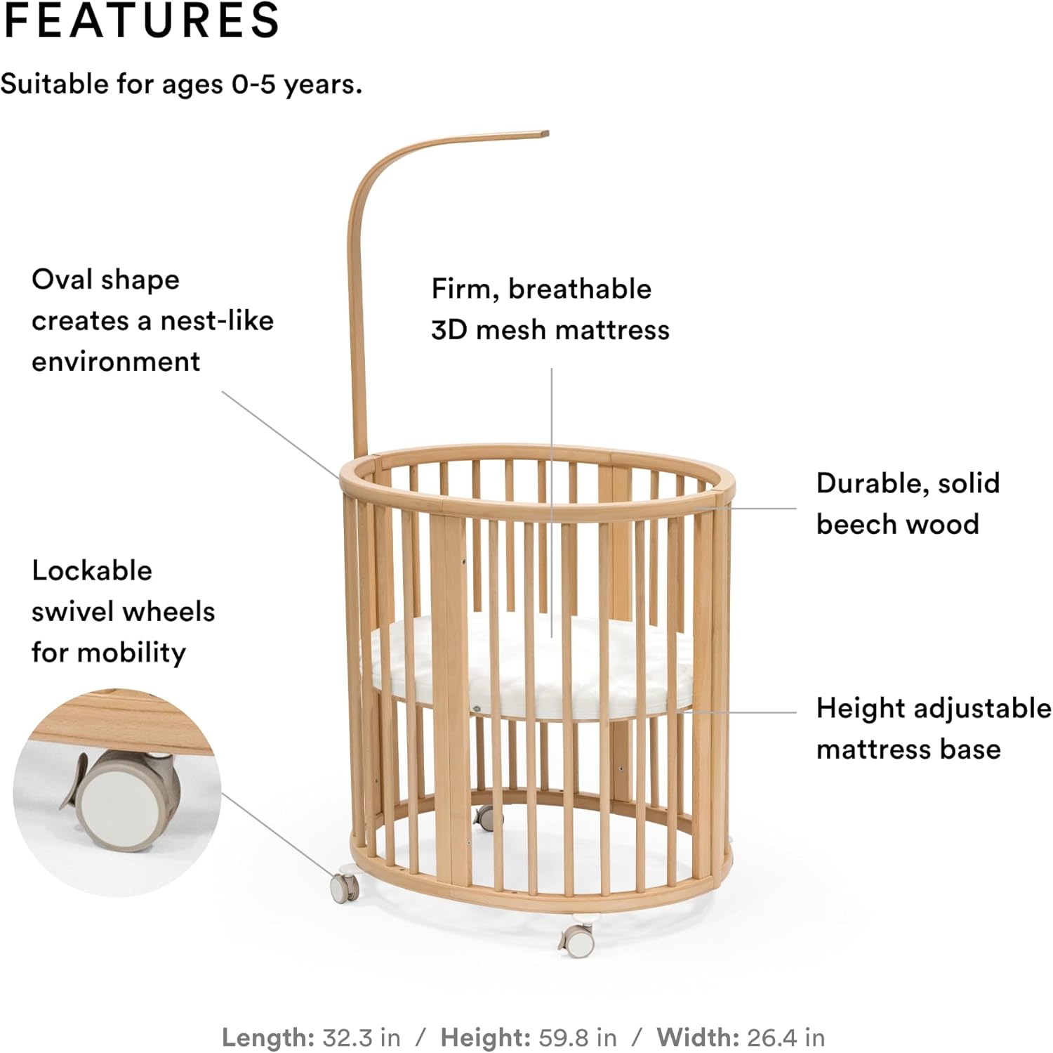 Stokke Sleepi Mini Bundle V3, Natural - Includes Sleepi Mini V3, Mattress & Drape Rod - Suitable for Ages 0-6 Months - Adjustable & Stylish