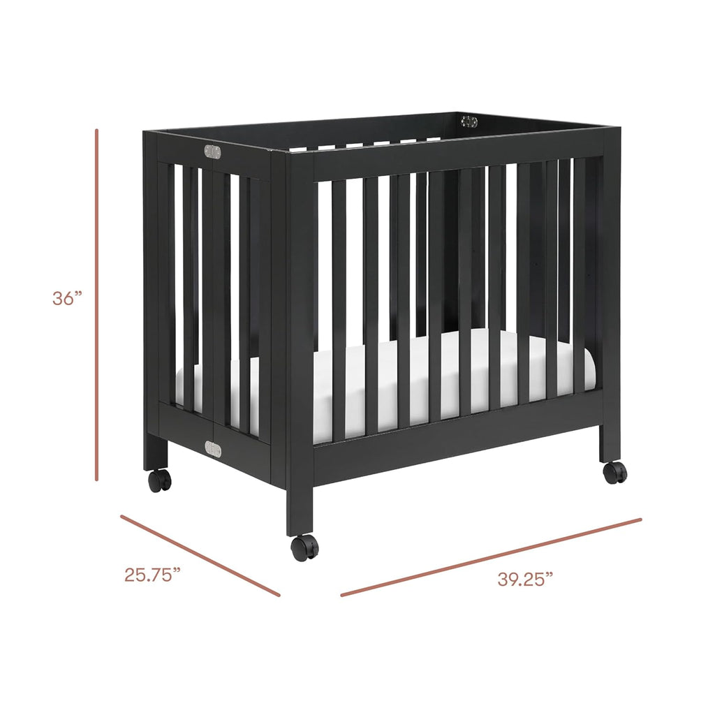Babyletto Origami Mini Portable Folding Crib with Wheels in Black, 2 Adjustable Mattress Positions, Greenguard Gold Certified