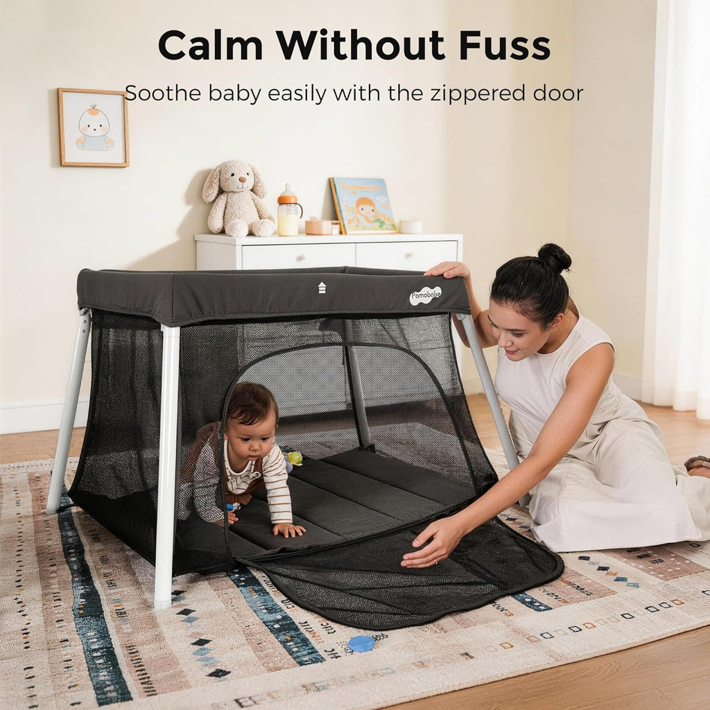 Pamo Babe Travel Pack and Play, Certified Baby Safe Travel Crib, Extra Large Portable Playpen with Mattress & Zipper Door, Portable Crib Lightweight Foldable Baby Travel Bed - Grey