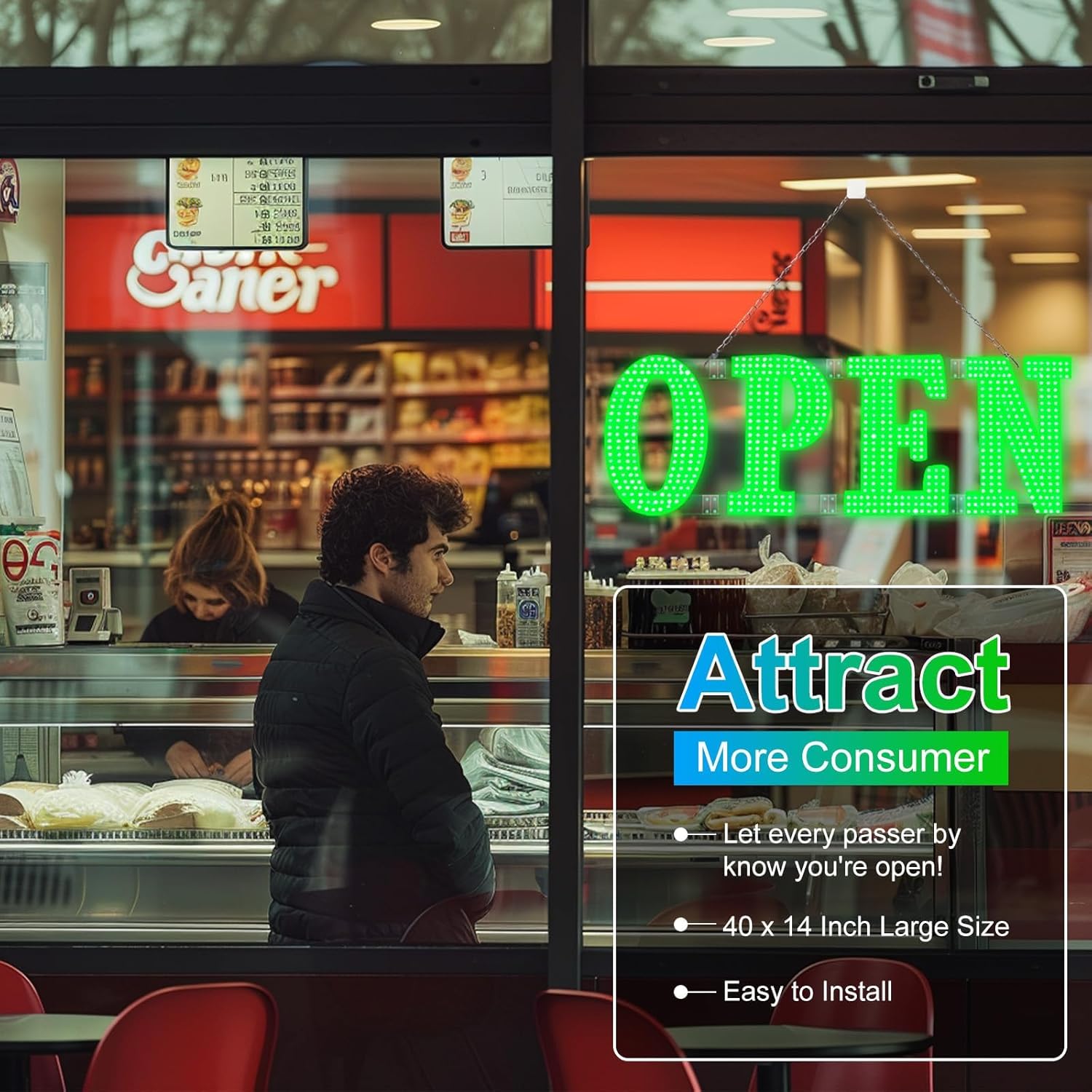40"x14" Large LED Open Signs for Business Super Bright Unique Design Open Sign with Hanging Installation for Window Stores Bar Hotel Retail Shops Salon Restaurant Office Green