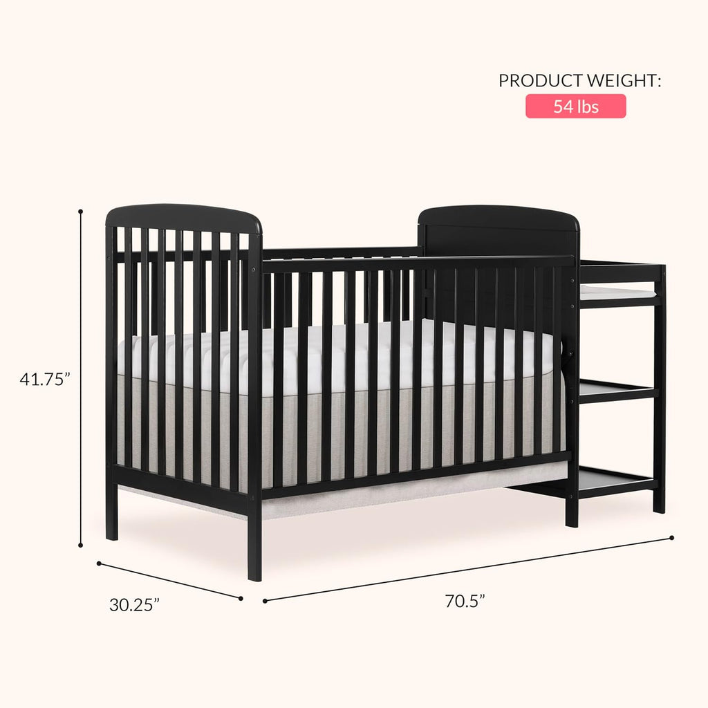 Dream On Me Anna 3-in-1 Convertible Full-Size Baby Crib & Changer with Storage in Black, GreenGuard Gold & BSA, Pinewood, Converts to Day & Toddler Bed, 3 Mattress Heights, 1″ Changing Pad