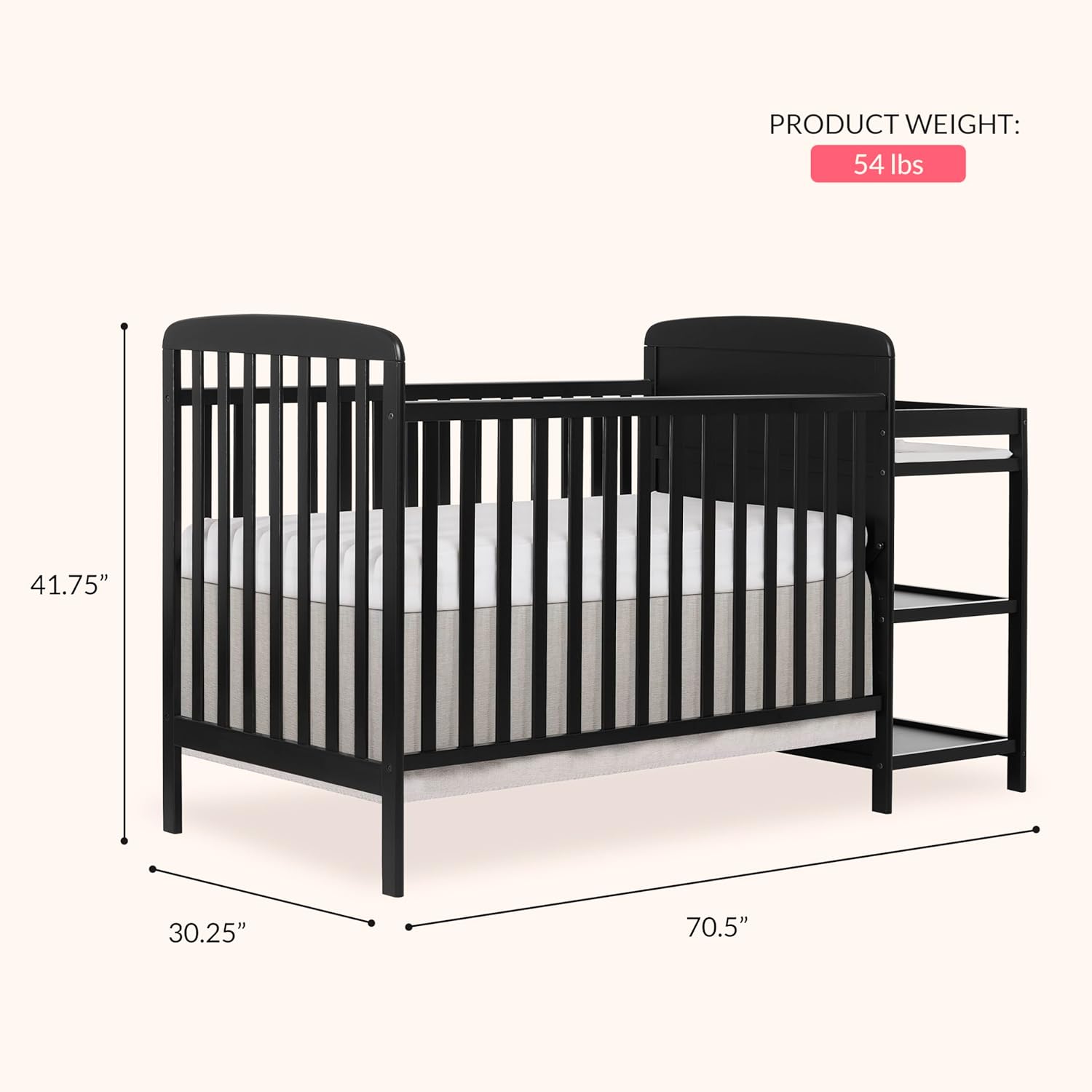 Dream On Me Anna 3-in-1 Convertible Full-Size Baby Crib & Changer with Storage in Black, GreenGuard Gold & BSA, Pinewood, Converts to Day & Toddler Bed, 3 Mattress Heights, 1″ Changing Pad