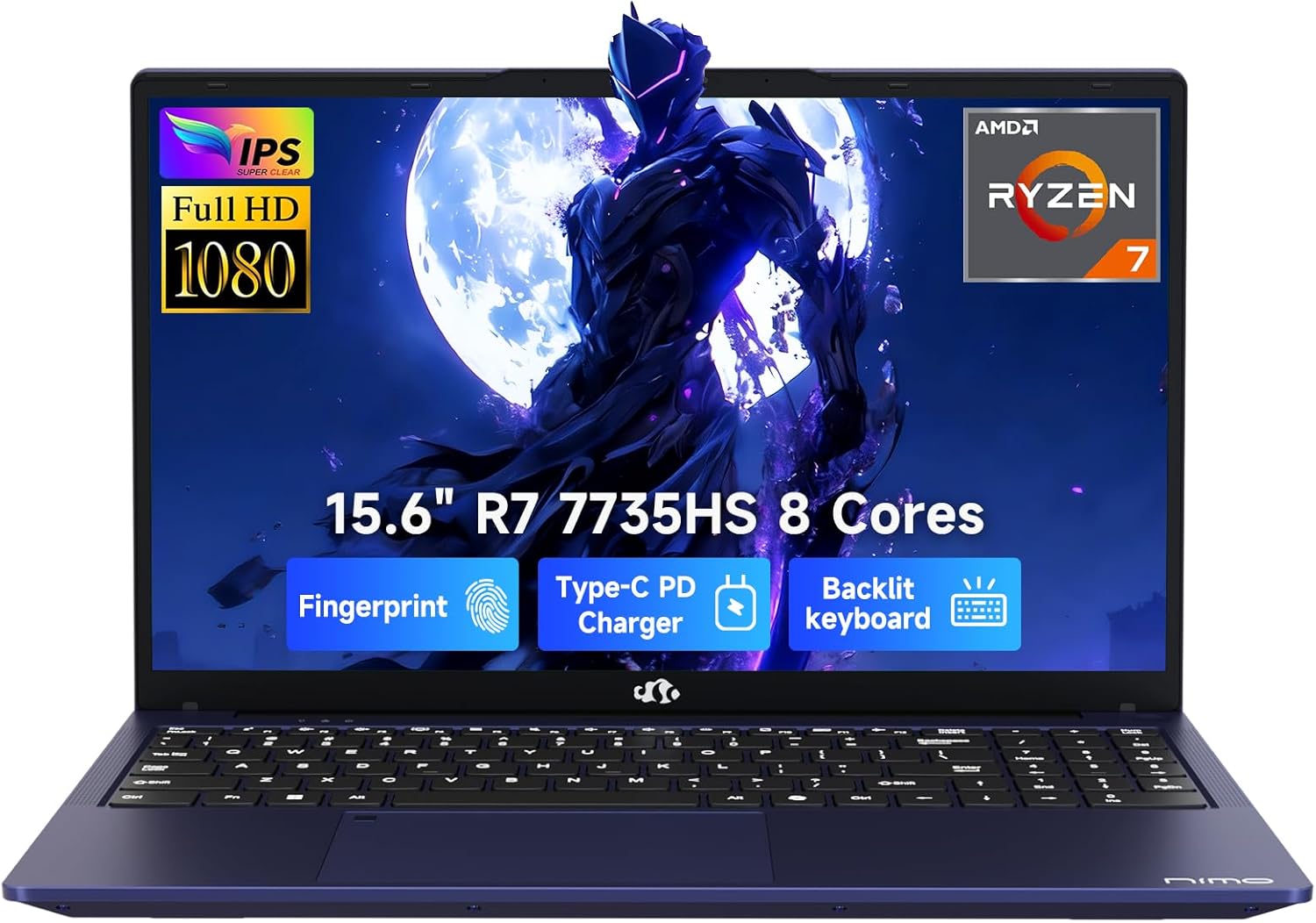 NIMO 15.6" Light-Gaming-Laptop, 8 Cores AMD Ryzen 7 7735HS 32GB RAM 1TB SSD (Beat i7-12650H Up to 4.75GHz) Radeon 680M 100W Fast PD FHD Backlit Keyboard for Content Creators & Student 2-Yr Warranty