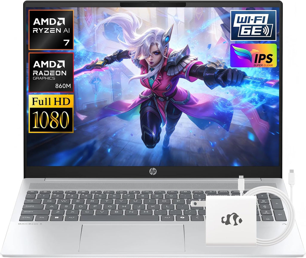 HP OmniBook 5 16" 2K Laptop, AMD Ryzen AI 7 350 (Up to 5GHz) 16GB DDR5 RAM 1TB SSD, Radeon 860M Graphics Copilot+ PC Win11 WiFi6E Backlit KB Computer for Creator Business Gaming w/GM Accessory