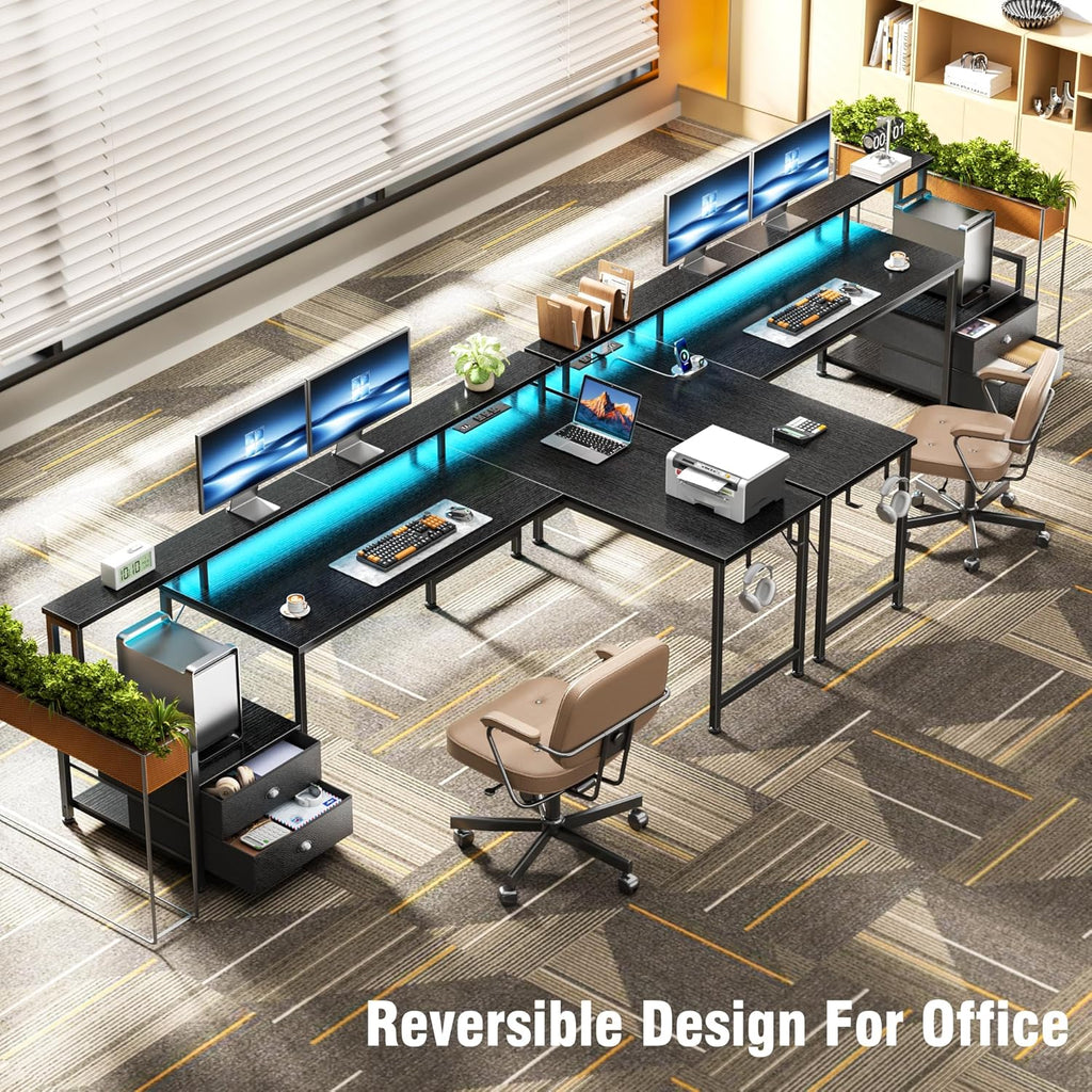 Korfile 66'' L Shaped Gaming Desk with Drawers and Storage Shelves, Reversible Corner Desk with Power Outlets and Host Stand, Large Computer Desk with Led Lights for Gaming, Work, Home Office, Black