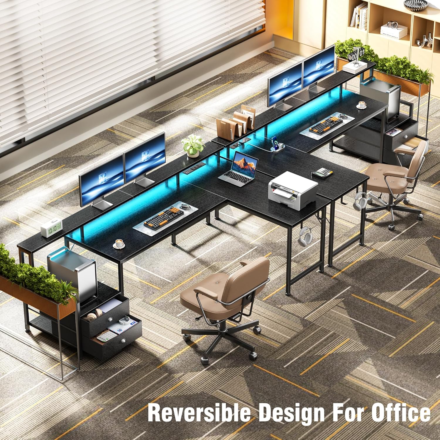 Korfile 66'' L Shaped Gaming Desk with Drawers and Storage Shelves, Reversible Corner Desk with Power Outlets and Host Stand, Large Computer Desk with Led Lights for Gaming, Work, Home Office, Black