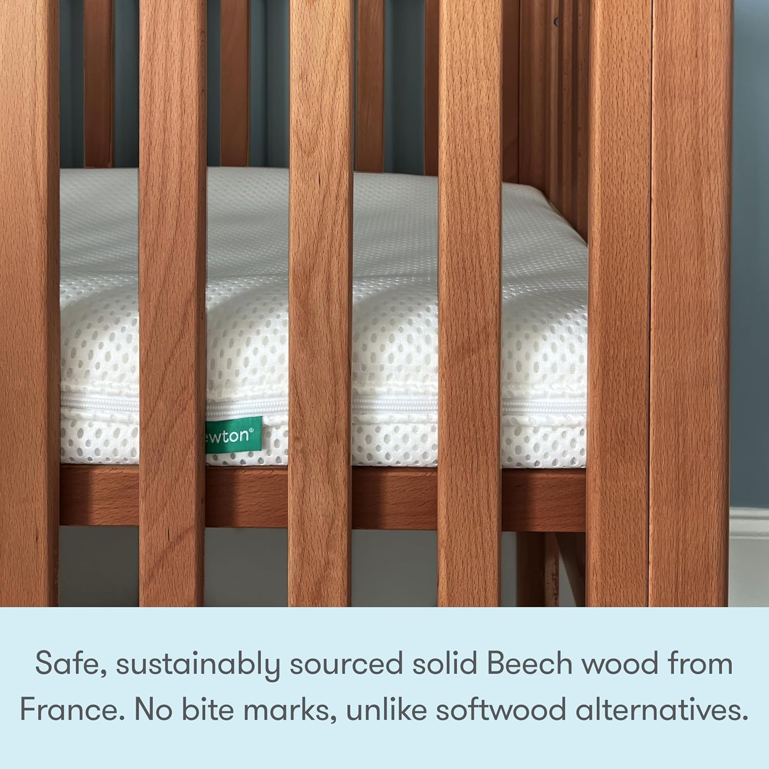 Newton Baby Galileo Mini Crib Solid Beech Wood with Wheels in Chestnut Color, Mini Crib Mattress Included, Adjustable Mattress Height, Ultra-Safe Non-Toxic Finish