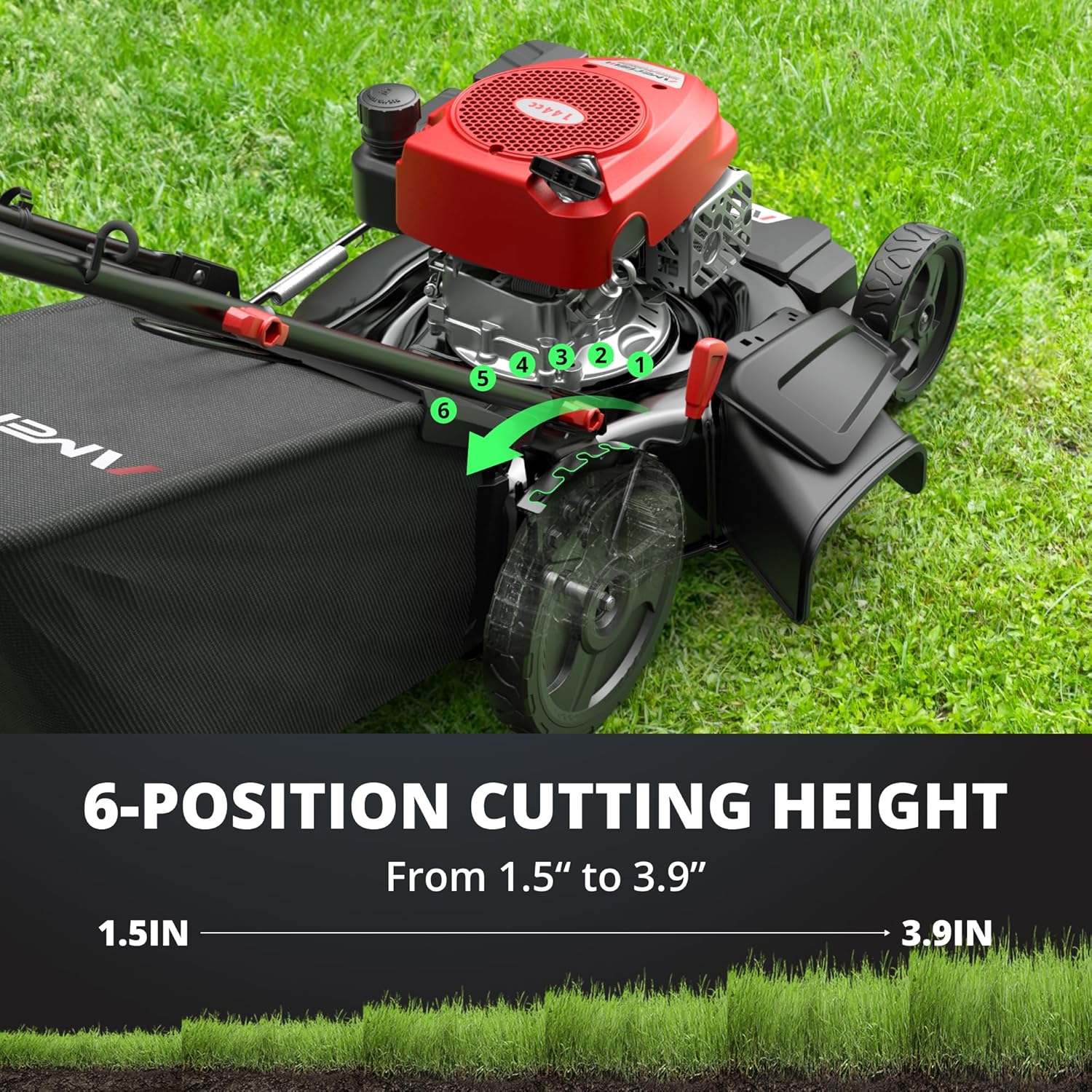 AMERISUN 21-Inch 3IN1 Push Gas Lawn Mower with Mulching, Bagging & Side Discharge, 144cc 4-Stroke OHV Engine, Adjustable 6-Height Cutting, 1.4 Bushel Grass Catcher, Residential Yard & Garden Use