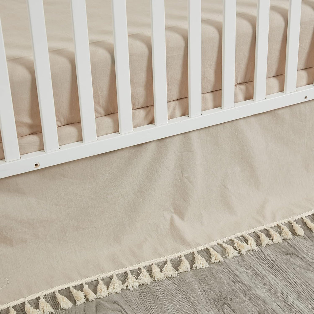 Brandream Gender Neutral Boho Bohemian Baby Girl Boy Nursery Crib Bedding Set 3 Pieces Solid Beige Farmhouse Chic Unisex Minimalist Tassel Fringe Macrame Cozy 100% Cotton with Washed Craft Super Soft