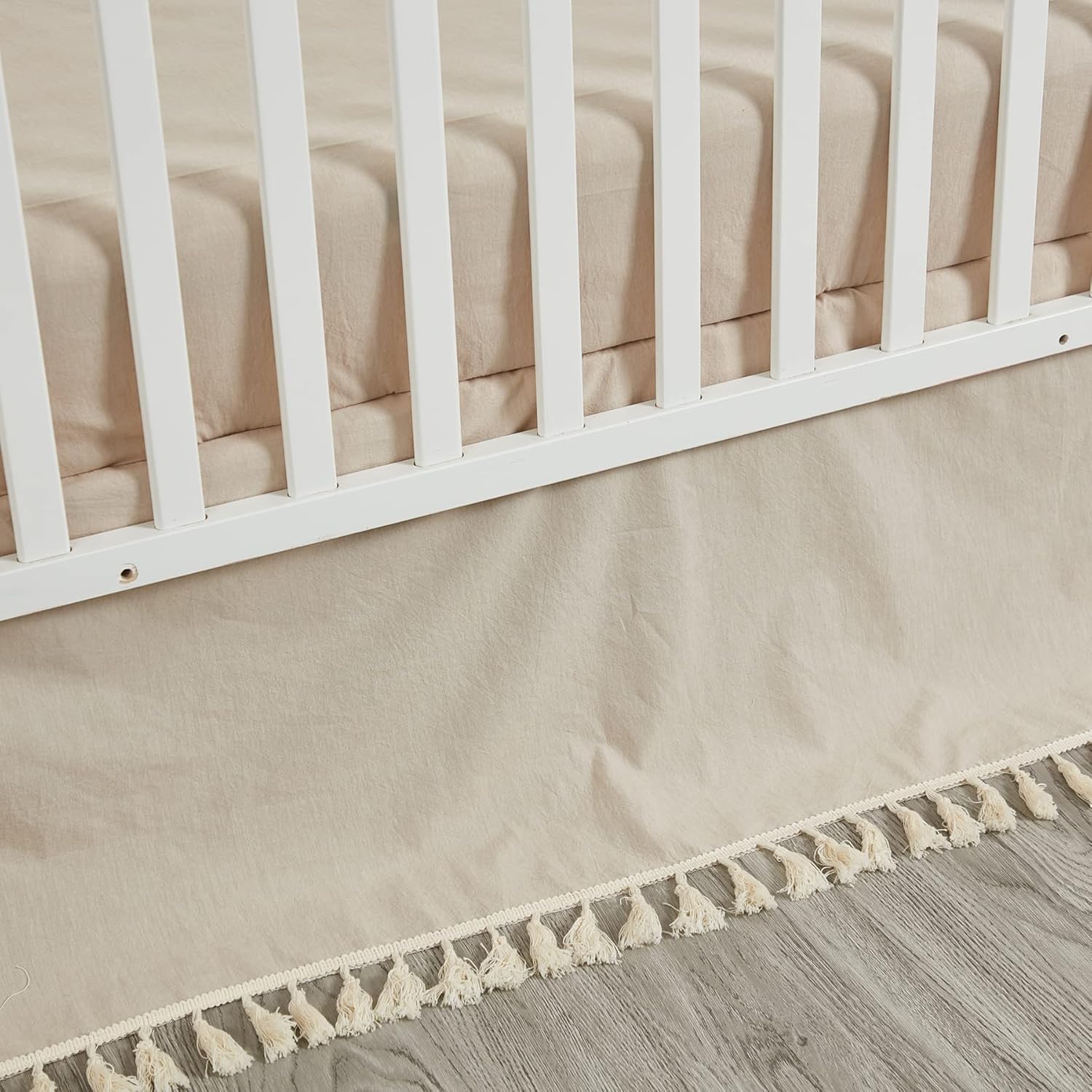 Brandream Gender Neutral Boho Bohemian Baby Girl Boy Nursery Crib Bedding Set 3 Pieces Solid Beige Farmhouse Chic Unisex Minimalist Tassel Fringe Macrame Cozy 100% Cotton with Washed Craft Super Soft