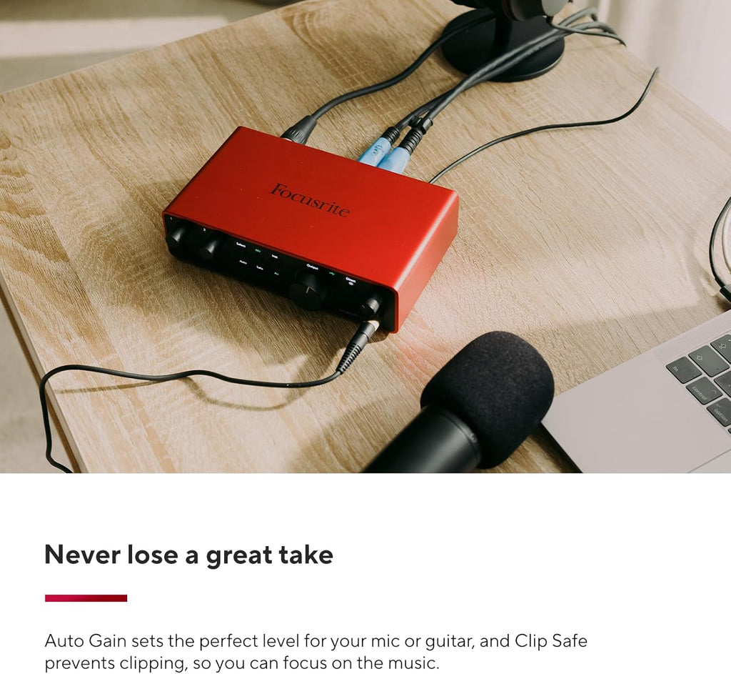 Focusrite Scarlett 2i2 4th Gen USB Audio Interface for Recording, Songwriting, Streaming and Podcasting — High-Fidelity, Studio Quality Recording, and All the Software You Need to Record