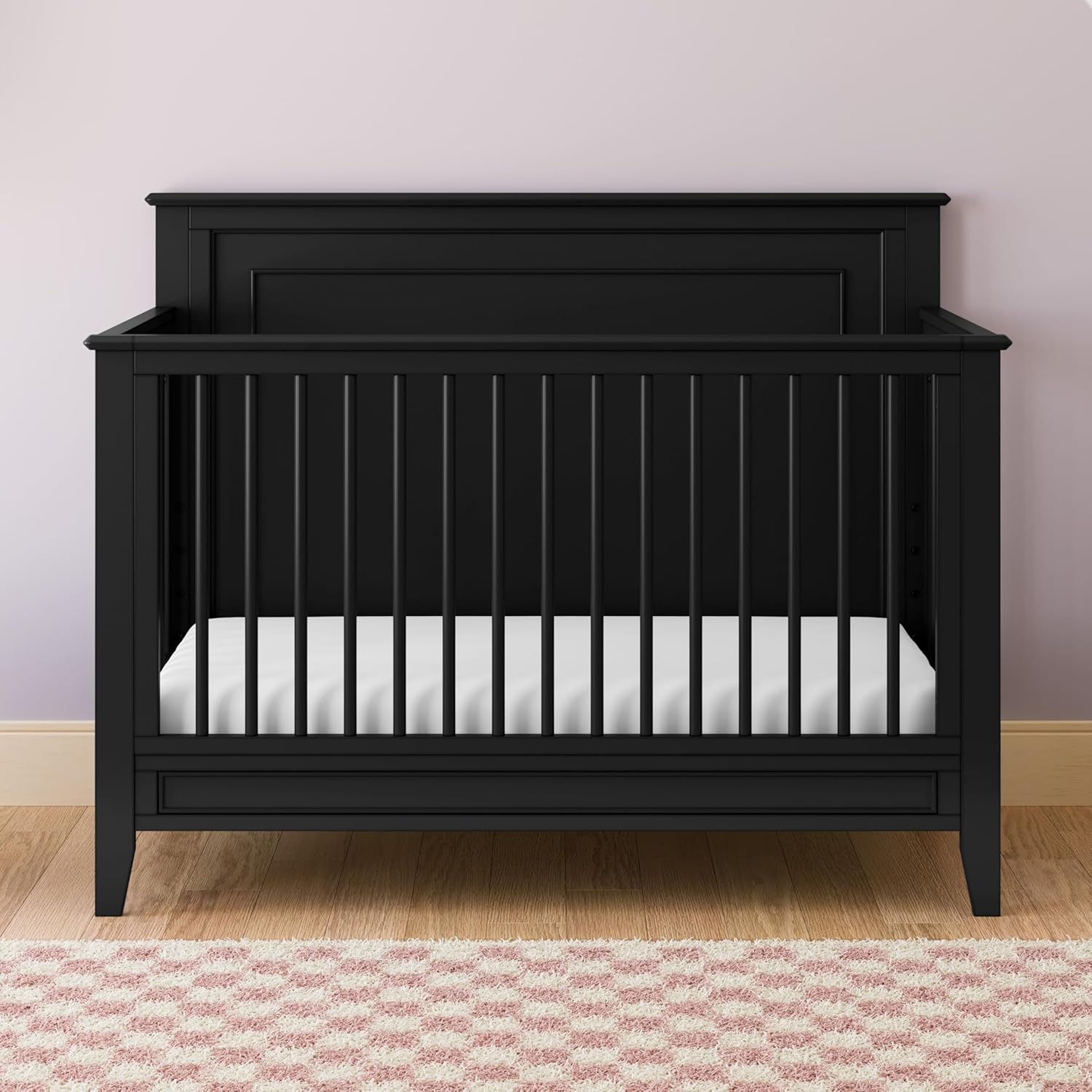 Storkcraft Solstice 5-In-1 Convertible Crib – GREENGUARD Gold Certified, Converts to Toddler Bed and Full-Size Bed, Fits Standard Full-Size Crib Mattress, Adjustable Mattress Support Base (Black)