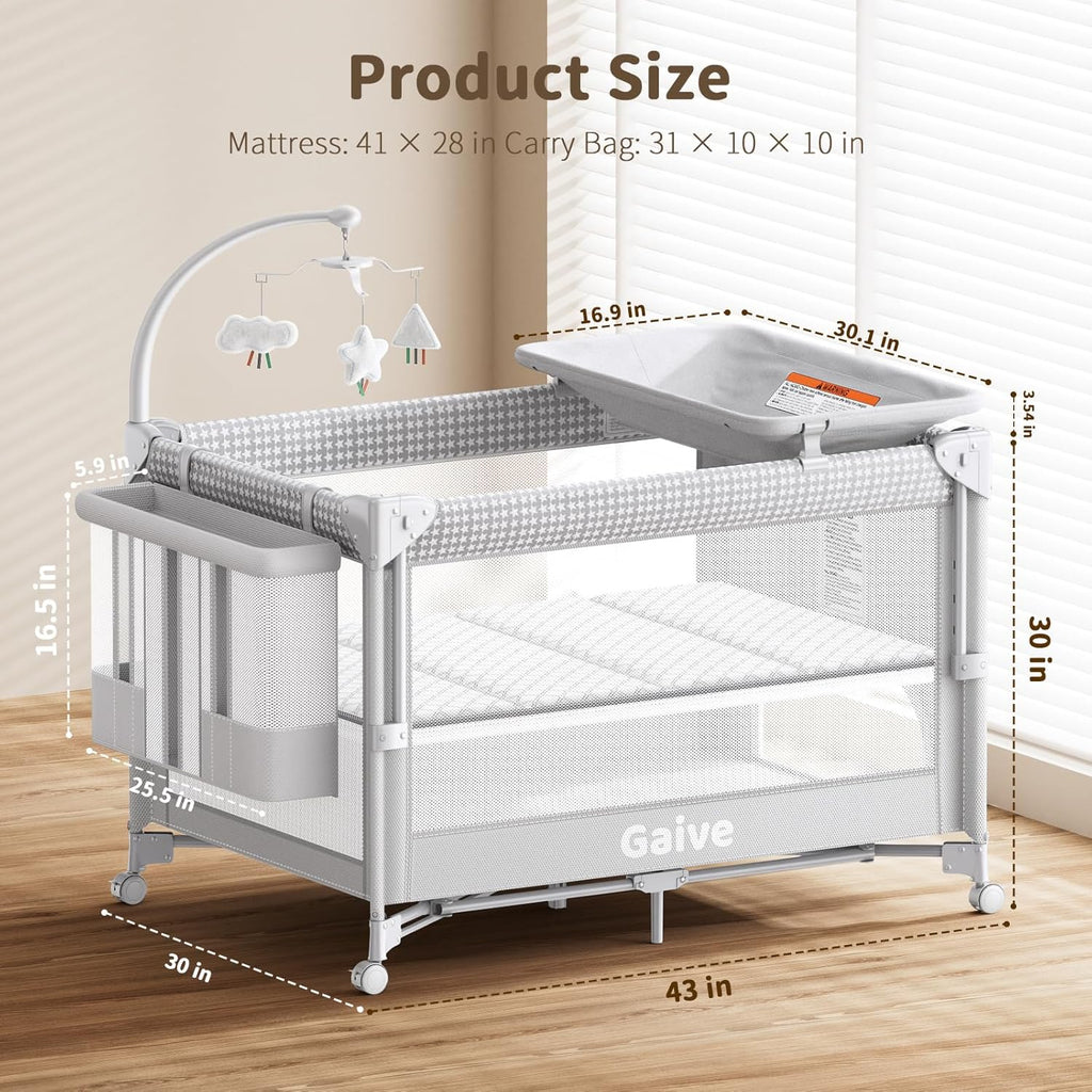 GAIVE 4 in 1 Baby Bassinet, One-Push Setup Pack and Play, Bedside Crib Sleeper with 3 Height Adjustable .Diaper Changer, Come with Comfy Mattress, Rotating Toy Bar, from Infants to Toddlers (Grey)