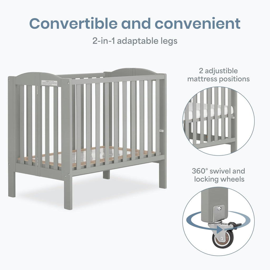Dream On Me 2-in-1 Portable Mini Crib, Non-Full Size Baby Crib for Small Spaces, 2 Mattress Heights, Compact Travel Design, Includes Mattress, GREENGUARD Gold & BSA Certified, Cool Grey