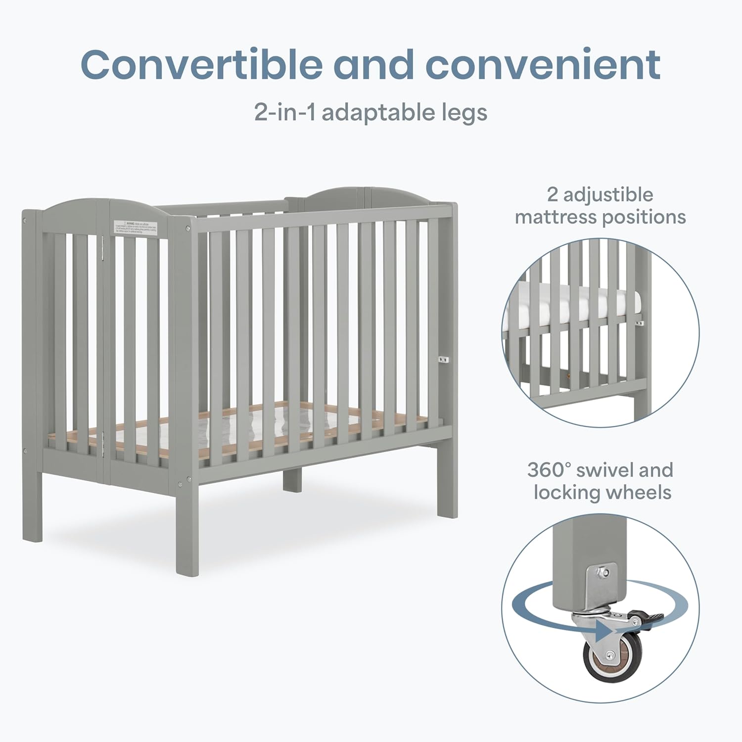 Dream On Me 2-in-1 Portable Mini Crib, Non-Full Size Baby Crib for Small Spaces, 2 Mattress Heights, Compact Travel Design, Includes Mattress, GREENGUARD Gold & BSA Certified, Cool Grey