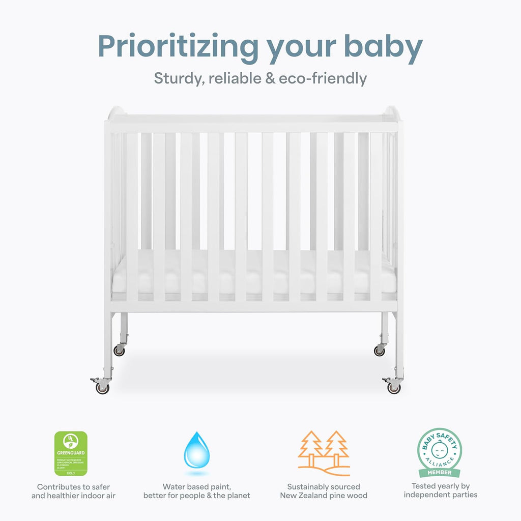 Dream On Me 2-in-1 Portable Mini Crib, Non-Full Size Baby Crib for Small Spaces, 2 Mattress Heights, Compact Travel Design, Includes Mattress, GREENGUARD Gold & BSA Certified, White