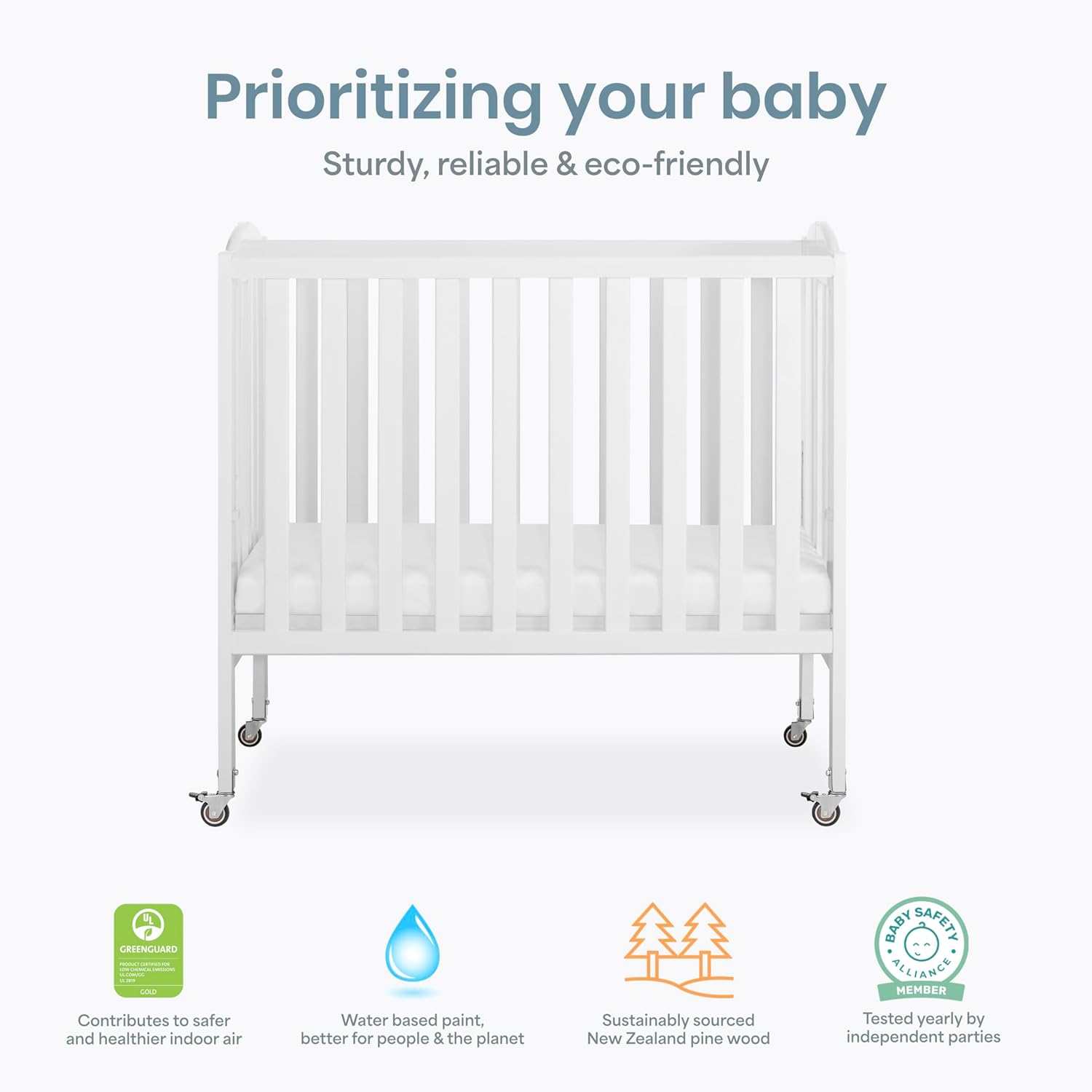 Dream On Me 2-in-1 Portable Mini Crib, Non-Full Size Baby Crib for Small Spaces, 2 Mattress Heights, Compact Travel Design, Includes Mattress, GREENGUARD Gold & BSA Certified, White