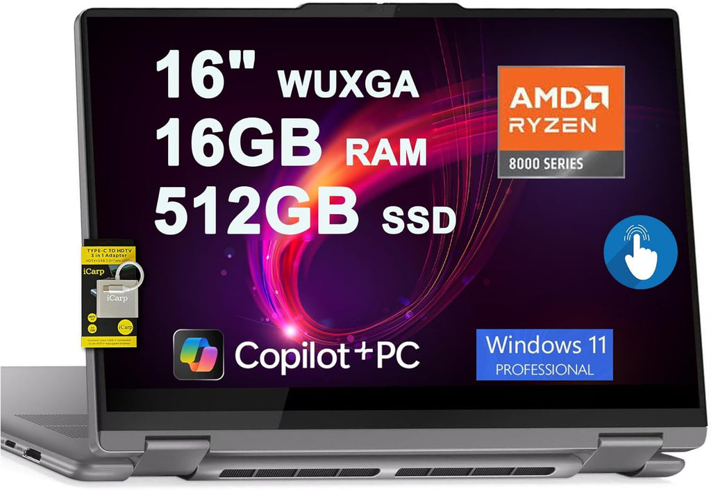 Lenovo Yoga 7 2-in-1 Laptop 16" WUXGA IPS Touch AMD 8-core Ryzen 7 8840HS (>i7-12700H) 16GB RAM 512GB SSD for Creator Designer Business Professional Win11Pro ICP Hub PC