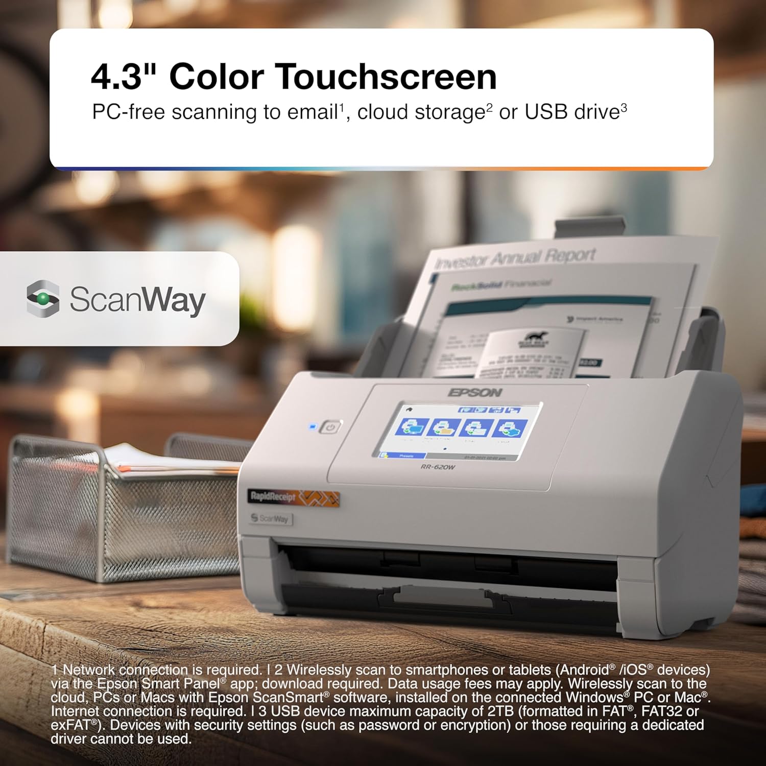 Epson RapidReceipt RR-620W Wireless & USB High-Speed AI & Cloud Ready Desktop Color Duplex Receipt & Document Scanner for Mac & PC, up to 45 ppm, 4.3" Color Touchscreen, 100-Page Auto Document Feeder