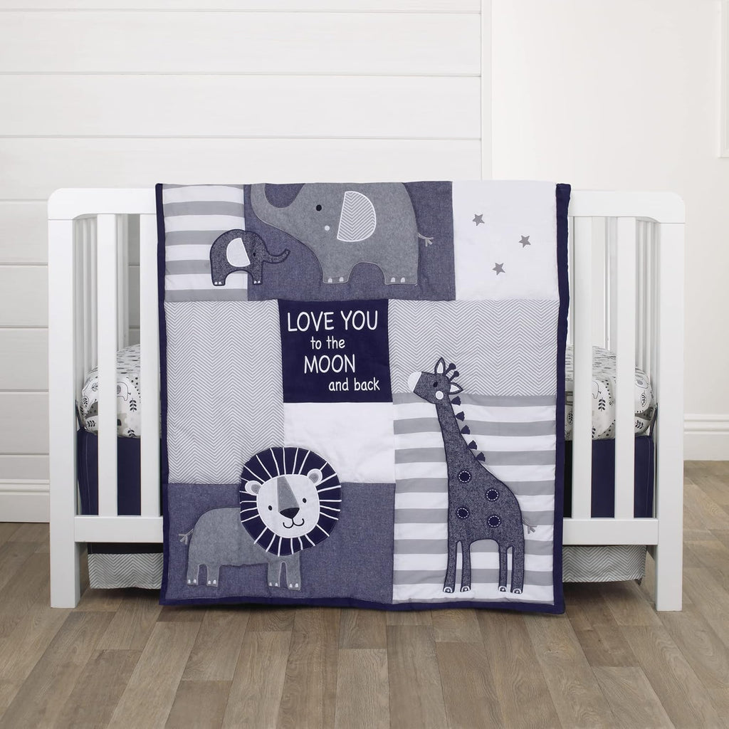 NoJo Love You to The Moon - Navy, Grey and Blue 4 Piece Nursery Crib Bedding Set with Comforter, Fitted Crib Sheet, Dust Ruffle, Diaper Stacker