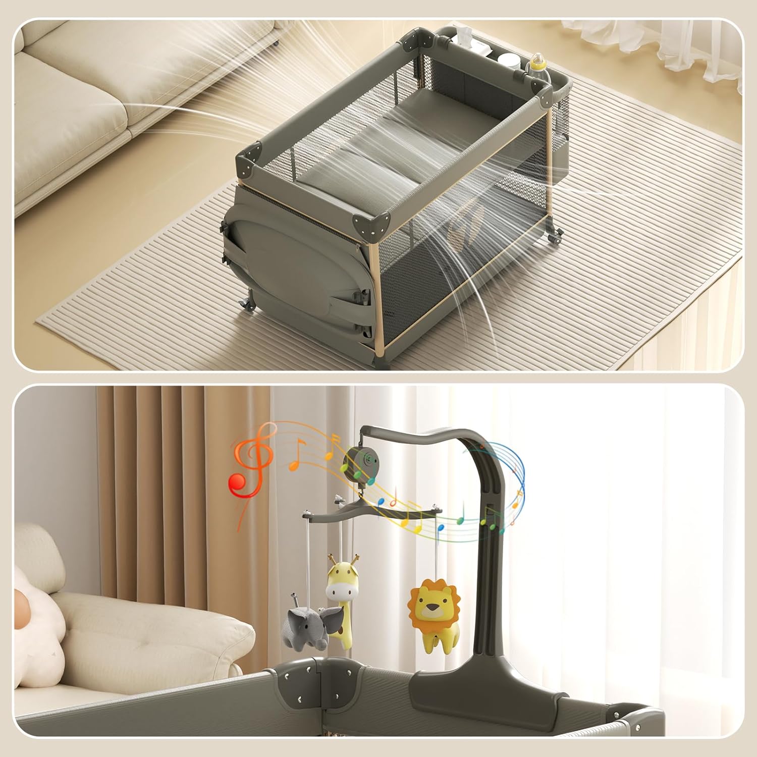 4-in-1 Pack and Play, Baby Bassinet Bedside Sleeper, Baby Playard, Bedside Crib with Changing Table, Folding Travel Crib with Musical Toy Rack&Bag, 4-Height Adjust, Newborn-Toddler(Olive Drab)